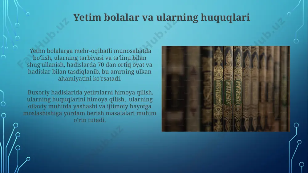a hurmat va itoat qilish 3 ta asosiy jihatdan – moddiy ta'minlash, mehr-oqibat va ularning roziligini olish orqali – ta'kidlanadi, bu farzandlarning 3 ta asosiy burchini ifodalaydi. ota-onalarning huquqlari, farzandlarning burchlari haqidagi hadislar, diniy tarbiyaning 1-bosqichi sifatida, yaxshi axloq va ijtimoiy uyg'unlikka erishishda muhim ahamiyatga ega ekanligi ta'kidlanadi. ota-onalarning tarbiyasi va uning ahamiyati hadislar, ota-onalarning farzandlariga mehr-muhabbat, hurmat, itoatkorlik va yaxshi axloqni o‘rgatish kabi 5 ta asosiy tarbiyaviy tamoyillarni ta’kidlaydi. ota-onalarning farzandlariga diniy bilimlarni o‘rgatish, ularning ma’naviy-axloqiy kamol topishiga yordam berish, imom buxoriy hadislarida 3 ta muhim vazifa sifatida qaraladi. farzandlarning ota-onalariga bo'lgan mas'uliyati hadislarda ota-onaning farzandlarga nisbatan huquqlari 15 yoshdan keyin ham davom etishi, ularning ehtiyojlariga g'amxo'rlik qilish zarurligi ta'kidlanadi. imom buxoriy hadislari, farzandlarning ota-onalariga 3 ta asosiy burchini – itoatkorlik, hurmat va yaxshi munosabatni – ta'kidlab, bu burchlarning ijtimoiy barqarorlikdagi ahamiyatini ko'rsatadi. e'tiboringiz uchun rahmat @taqdimot_robot image3.jpg image4.jpg image5.jpg image6.jpg image7.jpg image8.jpg image9.jpg image10.jpg image11.jpg image12.jpg image13.jpg image14.jpg …