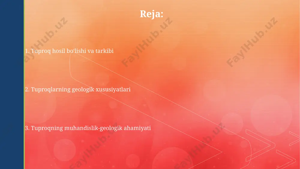 ta'sir qiladi, ildizlarning o'sishi uchun muhim rol o'ynaydi. mineral tarkibi, xususan, kvars, dala shpati va mika kabi minerallarning nisbati, tuproqning kimyoviy reaksiyalarini va unumdorlik darajasini aniqlaydi. tuproq tuzilishi va teksturasi tuproqning tuzilishi uning agregatlarga birlashish darajasini ifodalaydi, masalan, prizmatik (balandlik kenglikdan katta) yoki plitali (kenglik balandlikdan katta) tuzilmalar 0 dan 5 gacha baholanadi. tekstura uchburchagi tuproqning loy, qum va chang tarkibini vizual ravishda ifodalash uchun ishlatiladi, bu esa tuproqning turini, masalan, qumoq yoki loyli qumoqni aniqlashga imkon beradi. tuproqning fizik xususiyatlari tuproqning plastiklik chegarasi attenberg chegaralaridan biri bo'lib, tuproq qancha namlikda plastik holatdan yarim qattiq holatga o'tishini ko'rsatadi va qishloq xo'jaligi uchun muhim ko'rsatkich hisoblanadi. tuproqning zichligi, odatda 1.1 dan 1.6 g/sm³ gacha bo'ladi, mineral tarkib, organik moddalar va g'ovaklik darajasiga bog'liq. quruq tuproqning zichligi yuqori, nam tuproqniki esa pastroq bo'ladi. e'tiboringiz uchun rahmat @taqdimot_robot image5.jpg image6.jpg image7.jpg image8.jpg image9.jpg image10.jpg image11.jpg image1.png image2.png