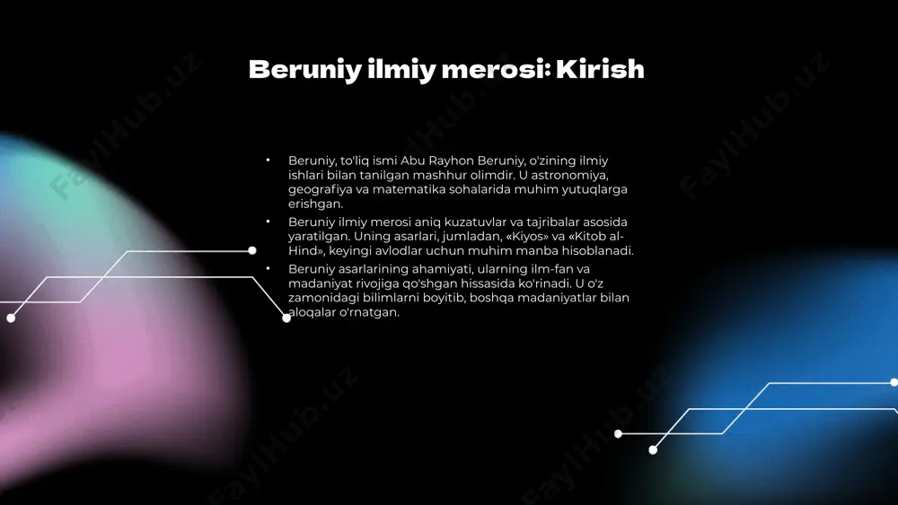a: beruniy tajribalarni ilmiy izlanish jarayonining ajralmas qismi deb bilgan. u tajriba orqali olingan natijalarni haqiqatga yaqinlashtirish maqsadida qo'llagan. 3. matematik modellashtirish: beruniy matematik usullar orqali tabiat qonunlarini ifodalashga intilgan, bu esa ilm-fan rivojiga katta hissa qo'shgan. beruniy tajriba qilish jarayonida natijalarni tasdiqlashga katta e'tibor bergan. uning metodologik yondashuvlari zamonaviy ilmiy tadqiqotlarning asosiy prinsiplariga ta'sir ko'rsatdi, masalan, kuzatish va tajriba qilish metodlari hozirgi zamon ilmiy faoliyatida keng qo'llaniladi. beruniy va zamonaviy ilmiy tadqiqotlar beruniy va zamonaviy ilmiy tadqiqotlar o'rtasidagi bog'lanishlar juda muhim. beruniyning ilmiy yondashuvlari, masalan, eksperiment va nazariyani birlashtirish, zamonaviy tadqiqotlarda keng qo'llanilmoqda. hozirgi kunda ko'plab olimlar, xususan astronomiya va matematikada, beruniyning asarlarini o'rganib, uning usullaridan foydalangan holda yangi tadqiqotlar o'tkazmoqdalar. statistik ma'lumotlarga ko'ra, beruniyning asarlarini o'rganayotgan zamonaviy olimlar soni 150 dan ortiq. bu raqam, beruniyning ilmiy merosining ahamiyatini ko'rsatadi va uning zamonaviy ilm-fandagi o'rnini tasdiqlaydi. beruniy ilmiy merosining ahamiyati beruniy ilmiy merosining ta'limdagi roli beruniy asarlari ta'lim tizimida …