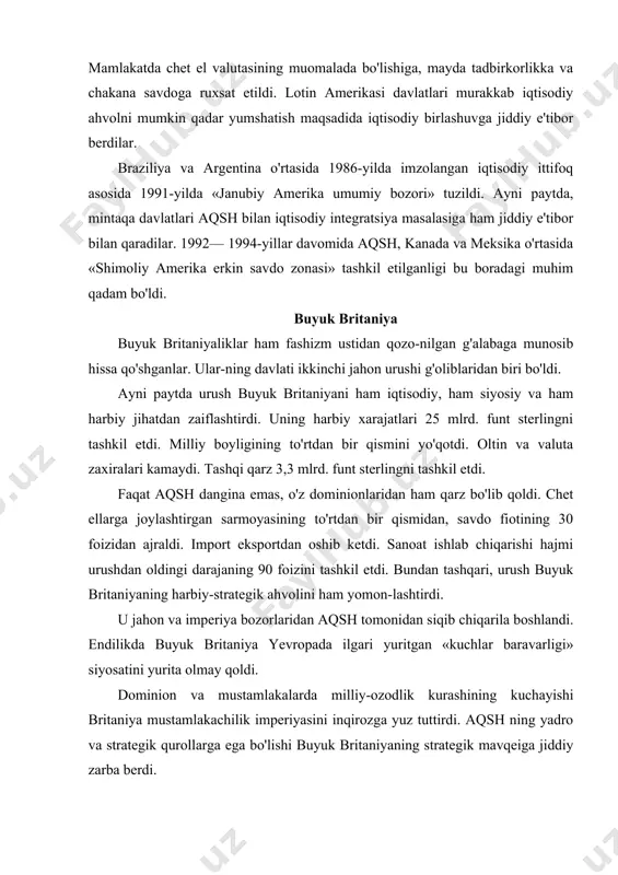 iqarila boshlandi. endilikda buyuk britaniya yevropada ilgari yuritgan «kuchlar baravarligi» siyosatini yurita olmay qoldi. dominion va mustamlakalarda milliy-ozodlik kurashining kuchayishi britaniya mustamlakachilik imperiyasini inqirozga yuz tuttirdi. aqsh ning yadro va strategik qurollarga ega bo'lishi buyuk britaniyaning strategik mavqeiga jiddiy zarba berdi. to'g'ri, buyuk britaniya baribir buyuk davlatlar qatorida qoldi. biroq uning xalqaro mavqei zaiflashgan edi. endilikda buyuk britaniya dunyoning yetakchi davlati roliga da'vo qila olmas edi. urush g'olibining bu ahvoliga u. cherchill «zafar va fojia» deb baho bergan edi. 1945-yilning 5-iyulida buyuk britaniyada parla-ment saylovi o'tkazildi. unda buyuk britaniya tarixida eng mashhur siyosiy arboblardan biri buyuk britaniya bosh vaziri u. cherchill partiyasi (konservatorlar parti-yasi) mag'lubiyatga uchradi. hokimiyat jilovi leyboristlar partiyasi qo'liga o'tdi. bu partiya parlamentdagi o'rinlarning uchdan ikki qismini egalladi. leyboristlar o'zlarining saylov oldi dasturini «kelajakka boqish» deb ataganlar. dasturda leyboristlar demokratik sotsializmni qurish maqsadini ilgari surdilar. ular bunday sotsializmni islohotlar yo'li bilan qurishlarini e'lon qildilar. dasturda sotsializm inqilobning natijasi …
