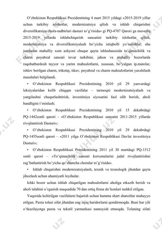 oshirishga muvaffaq bo’lmoqdalar. to’qimachilik sanoati taraqqiyotining asosiy yo’nalishlari shulardan iborat. to‘qimachilik sanoatida yangi texnika va texnologiya to’qimachilik sanoatining taraqqiyoti quyidagi yo’nalishlarda amalga oshirilishi belgilangan. paxta tolasini qayta ishlash hajmini 70% ga etkazish; · mavjud korxonalarni madernizatsiyalash va qayta jihozlash; · yangi yuqori texnologiyali korxonalarni yaratish; · ichki bozorni iste‟mol buyumlari bilan to’ldirish; · korxonalarning eksport potensialini oshirish; · yangi ish o’rinlarini yaratish; · xodimlarni tayyorlash va qayta tayyorlash; · to’qimachilik mashinasozligini qayta tiklash. birinchi vazifa, ya‟ni paxta tolasini qayta ishlash xajmini oshirish borasida keng qamrovli ishlar olib borilmoqda. paxta tolasini sotish hajmi yildan yilga kamayib, uni qayta ishlash hajmi oshib bormoqda. yaqin kelajakda (2019 yilda) paxta tolasini qayta ishlash hajmi 70 % ga etkazilishi rejalashtirilgan. bunday ulkan vazifani amalga oshirish uchun yangi korxonalar ishga tushiriladi, mavjud korxonalarning bir qismi modernizatsiya qilinadi va qolganlarini modernizatsiya qilish ishlari davom ettirilib, korxonalar qayta jihozlanmoqda. asosiy maqsad ishlab chiqariladigan tayyor mahsulotning raqobatbardoshligini ta’minlash hamda …