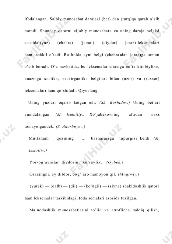 ng bir qancha xususiyatlari ichida quyidagilarni alohida ta’kidlab o’tish zarur; 1) bosh leksemaning mazmuni qatordagi barcha boshqa leksemalarga nisbatan kambag’alroq, yuzakiroq bo’ladi. chunki muayyan qator a’zolari o’zlarining qo’shimcha ma’nolariga ko’ra bosh so’zdan farqlanib turadi. qiyoslang: [rahmat] — [tashakkur] — [qulluq]. ushbu qatordagi [rahmat] so’zida [tashak​kur] va [qulluq] leksemalariga xos bo’lgan ko’tarin​kilik bo’yog’i yo’q; 2) bosh leksemaning qo’llanish doirasn va miqdori (chastotasi) qatordagi barcha boshqa leksemalarga nisbatan keng va ko’p bo’ladi; 3) bosh leksema nutq sharoiti talabi bilan istagan vaqtda o’z ma’no guruhidagi barcha so’zlarni almashtira oladi. yuqorida (yuz) so’zi ishtirokidagi qatorga oid barcha gaplardagi ma’nodoshlarni (yuz) so’zi bilan almashtirish mumkin. bu holda ma’no jihatdan jiddiy o’zgarish yuz bermaydi; 4) bosh leksema muayyan qo’shimcha vositalar bilan o’z qatoridagi leksemalarning qo’shimcha ifoda semalarini anglata oladi. masalan, muttaham qozining... basharasiga tupurgim keladi. ushbu ganda (basharasini) so’zini (xunuk yuziga yoki razil yuziga, benomus yuziga va h. k.) birikmalari bi​lan almashtirish natijasida salbiy munosabat — …