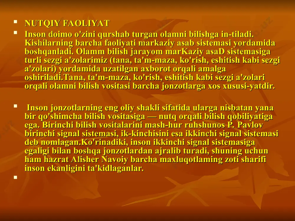 shunday tovushlar sirasiga kiradi. har qanday tovush ma'lum tashqi ta'sir yordamida havo oqimining tebranishi natijasida hosil bo'ladi. masalan, ip yoki simni tarang tortib, uni qo'lingiz bilan chertsangiz havoni tebratadi va tovush chiqadi. tovushlar tabiiy va inson tovushlariga bo'linadi. tabiat-dagi insondan tashqarida paydo bo'lgan barcha tovushlar tabiiy tovushlar sanaladi. tabiiy tovushlardan inson tovushlarining farqi shundaki, u inson nutq a'zolari harakati yordamida ma'lum maqsad-da ketma-ket talaffuz qilinadi. bu esa har qanday nutq tovushining uch tomoni mavjud ekanligidan dalolat beradi. birinchidan, nutq tovushlari insonning nutq a'zolari harakati natijasida maydonga keladi. nutq tovushlarining bu tomoni uning talaffuz (liziologik) belgisi hisoblanadi va u fiziologiya fani bilan uzviy bog'liqlikda o'rganiladi. nutq appara-ti o'pka, bo'g'iz, tovush paychalari, og'iz bo'shlig'i, tanglay, til, lab, burun, tish kabi a'zolarni o'z ichiga oladi. ikkinchidan, har qanday tovush havoning tebranishi natijasida hosil bo'ladi. shuning uchun ularning hammasi ma'lum sifat belgisiga: balandlik, kuch (yoki tezlik), miqdor (yoki uzunlik) va tembr belgilariga ega bo'ladi. …