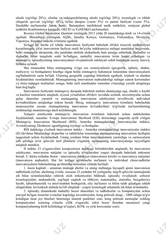 aqqoslash nuqtai nazaridan, ammo u umuman mamlakatga emas, balki alohida mintaqalarga nisbatan qo'llaniladi va juda kam ko'rsatkichlarni o'z ichiga oladi - 24 iusga nisbatan 12, - kompozit indeksni shakllantirish. kamroq ko'rsatkichlar mintaqaviy darajadagi tegishli ma'lumotlarning etishmasligi bilan bog'liq. shunday qilib, ris ko'rsatkichi evropa ittifoqiga a'zo 20 davlatning 200 ga yaqin mintaqasining mintaqaviy innovatsion siyosati to'g'risida mintaqaviy innovatsion faoliyatni mintaqalararo taqqoslash jarayonida "eng yaxshi amaliyotni" qo'llash maqsadida batafsil ma'lumotlarni o'z ichiga oladi. rossiya mintaqalarida innovatsion faoliyatni baholash amaliyotida evropa innovatsion ko'rsatkichlar kengashi mutaxassislar tomonidan tez-tez ishlatiladi, masalan, shimoliy-g'arbiy strategik tadqiqotlar markazining innovatsion faoliyatini baholash metodologiyasi, nairit mintaqaviy innovatsion faoliyat reytingi. 19.3. texnologik yutuqlar indeksi (technology achievement index). innovatsion salohiyat indeksi (innovation capacity index); boston konsalting guruhining umumjahon innovatsion indeksi (gii bcg), insead umumjahon innovatsion indeksi (gii insead), innovatsiyalarning global omili (global innovation quotient). innovatsion faoliyatni baholashning yana bir xalqaro metodologiyasi - bu birlashgan millatlar tashkiloti tomonidan ishlab chiqilgan va 2001 yilda …