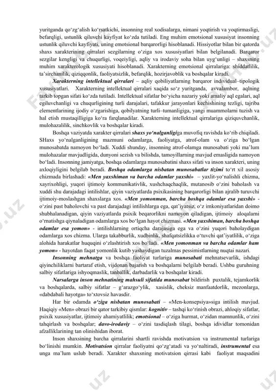 tskiy); temperamentni xarakterning tabiiy asosida sifatida qabul qilish (l.s. vigotskiy, b.g. ananev) kabilarni ajratib ko‘rsatish mumkin. xarakter va temperament uchun umumiy bo‘lgan xususiyat sifatida odam fiziologik xususiyatlari va birinchi galda, asab tizimi tipiga bog‘liqlik hisoblanadi. temperament xarakterdagi hulq-atvor mutanosibligi yoki nomutanosibligi, ta’sirlanishning harakatchanligi yoki sustligi va h.k.lar kabi qirralarni belgilaydi. lekin temperament xarakterni oldindan belgilab bermaydi. temperamentning bir xil xossalariga ega bo‘lgan odamlarning xarakterlari umuman turlicha bo‘lishi mumkin. temperament xususiyatlari xarakterning u yoki bu qirralarining shakllanishiga yordam berishi yoki qarshilik ko‘rsatishi mumkin. xarkter qirralari deganda insonning umumiy sharoitlardagi hulq-atvorini aniqlovchi psixik xossalar tushuniladi. jasurlik yoki qo‘rqoqlik xavfli vaziyatlarda namoyon bo‘ladi, muloqotchanlik yoki odamovilik – muloqot vaziyatida, xotirjamlik yoki dovdirash – stress vaziyatlarida namoyon bo‘ladi. xarakterning alohida xossalari bir-biriga bog‘liq va ular xarakter tuzilishi deb ataladigan yaxlit hosilani tashkil etadi. xarakter tuzilishida qirralarning ikki xil guruhini ajratadilar. birinchi vaziyatda xarakterning barcha qirralarni psixik jarayonlar bilan bog‘liqligi uchun iroda, emotsional va aqliy …