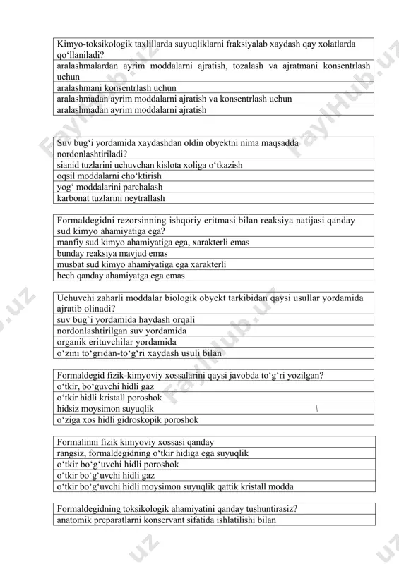 islotasi bilan neytrallash reaksiyasi kumush ko‘zgu xosil qilish reaksiyasi bilan rodanid komplekslari hosil qilish bilan sud kimyosi tekshiruvida bioobyektni formalin bilan konservlash mumkinmi? yo‘q- umuman mumkin emas xa, faqat chirigan obyektlarni xa, faqat chirimagan obyektlarni peshob va qonni konservlash mumkin alifatik va aromatik aldegidlar organizmdagi fermentlar ta’sirida oksidlansa qanday maxsulotlar hosil bo‘ladi? shu aldegidlarga xos karbon kislotalar fermentlardan ketonlar hosil bo‘ladi oksidlanib spirtlar hosil bo‘ladi mos keluvchi yog‘ kislotalari toksikologik kimyo amaliyotida distillyatda xloralgidrat chinligini aniqlaganda nima sababdan barcha reaksiyalar xloroform reaksiyalari bilan bir xil natija beradi? xloralgidrat ishqoriy muxitda xloroformga o`tishi bilan bunday bir xillik mavjud emas reaksiya maxsulotlari bir xil bo‘lgani uchun reaksiya sharoitlari bir xil bo‘lgani uchun toksikologik kimyo amaliyotida xloralgidratni xloroformdan farqlash qanday amalga oshiriladi? distillyatdan olingan efirli ajralma qoldiq qayta tekshirilganda musbat natijali reaksiyalar chiqsa distillyatdan olingan efirli ajralma qoldig‘i manfiy reaksiya bo‘lsa feling reaktivi bilan manfiy reaksiya chiqqan xolda izonitril reaksiyasi kumush ko‘zgu hosil …
