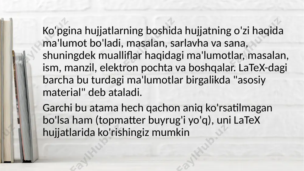 r siz uni "1" ga o'zgartirmoqchi bo'lsangiz: tegishli hisoblagich tocdepth bo'lib, u mundarijani qaysi chuqurlikka olib borishni belgilaydi. uni secnumdepth bilan bir xil tarzda tiklash mumkin. masalan: \setcounter{secnumdepth}{1} \setcounter{tocdepth}{3} mundarijaga kirmaydigan nomersiz bo'lim sarlavhasini olish uchun ochiladigan figurali qavs oldidan yulduzcha bilan buyruq nomiga amal qiling: \subsection*{introduction} \part* dan \subparagraph* gacha bo'lgan barcha bo'linish buyruqlari ushbu "yulduzchali" versiyaga ega bo'lib, u, agar secnumdepth sozlanishi odatda uning raqamlanishini bildirsa maxsus holatlarda raqamlanmagan sarlavha uchun ishlatilishi mumkin. agar raqamlanmagan bo'lim baribir tarkibda bo'lishini istasangiz, unnumberedtotoc paketidan foydalaning. u to'g'ri sarlavhaga ham g'amxo'rlik qiladigan buyruqni beradi. \addpart va \addchap ham mavjud. \addsec{introduction} agar siz unnumberedtotoc paketidan foydalanishni xohlamasangiz, \addcontentsline va \markright{}(yoki hatto \markboth{}{}) yordamida hamma narsani qo'lda qilishingiz mumkin. \section*{introduction} \markright{} \addcontentsline{toc}{section}{introduction} agar siz pdf readerlaridan foydalansangiz, giperhavolalar hujjatning to'g'ri joyiga olib kelishi uchun xayoliy qism qo'shishingiz kerak bo'ladi. \phantomsection buyrug'i hyperref paketida aniqlanadi va odatda shunday ishlatiladi: bo'limlar uchun siz sahifani tozalashingiz …