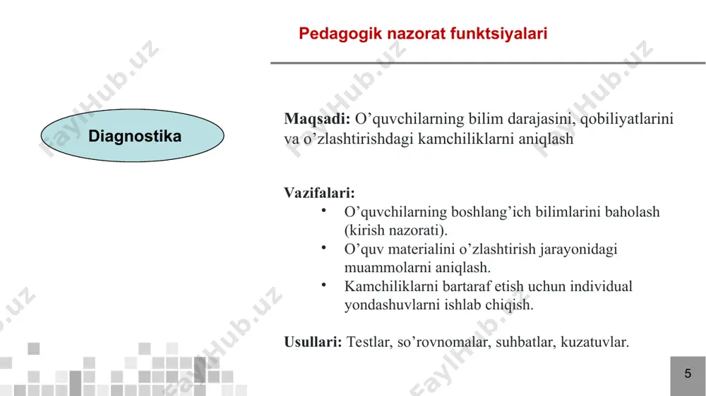 ish, monitoring, baholash, tahlil qilish. в учебном процессе все функции тесно взаимосвязаны и переплетены. однако обычно одна, ведущая функция превалирует над остальными. так, на семинаре в основном проявляется обучающая функция: высказываются различные суждения, задаются наводящие вопросы, обсуждаются ошибки, но вместе с тем семинар выполняет диагностическую и воспитывающую функции. зачеты, экзамены, тестирование выполняют преимущественно диагностическую функцию контроля. методы самооценки направлены на рефлексию обучающихся и выполняют прежде всего воспитательную функцию * * pedagogik nazorat funktsiyalari bu funksiyalar pedagogik nazoratning kompleksligini va o’quv jarayonining turli jihatlariga ta’sirini ko’rsatadi. nazoratning har bir funksiyasi o’z vazifalarini bajarish orqali o’quvchilarning bilim darajasini oshirishga, ularda ijobiy xislatlarni shakllantirishga va o’quv jarayonini takomillashtirishga yordam beradi. в учебном процессе все функции тесно взаимосвязаны и переплетены. однако обычно одна, ведущая функция превалирует над остальными. так, на семинаре в основном проявляется обучающая функция: высказываются различные суждения, задаются наводящие вопросы, обсуждаются ошибки, но вместе с тем семинар выполняет диагностическую и воспитывающую функции. …