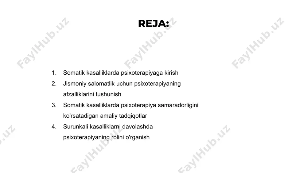 morlarning natijalarini yaxshilashi mumkin. surunkali kasalliklarni davolashda psixoterapiyaning rolini o'rganish venus is the second planet from the sun mercury is the closest planet to the sun jupiter is the biggest planet of them all 1 2 3 ruhiy salomatlik va jismoniy farovonlik o'rtasidagi bog'liqlikni muhokama qilish psixoterapiya jismoniy alomatlarga hissa qo'shadigan asosiy ruhiy salomatlik muammolarini hal qilish orqali somatik kasalliklarni davolashda samarali ekanligi isbotlangan. tadqiqotlar ruhiy salomatlik va jismoniy farovonlik o'rtasidagi kuchli bog'liqlikni ko'rsatib, umumiy salomatlik natijalarini yaxshilash uchun davolanish rejalarida ikkala jihatni ham ko'rib chiqish muhimligini ta'kidlaydi. somatik alomatlarga ta'sir qiluvchi psixologik omillarni o'rganish orqali psixoterapiya bemorning hayot sifatini yaxshilashi va surunkali kasalliklari bo'lgan shaxslarga yaxlit yordam ko'rsatishi mumkin. psixoterapiyaning somatik kasalliklar belgilariga ta'siri psixoterapiya somatik kasalliklarning alomatlarini kamaytirishda sezilarli samaradorlikni ko'rsatdi. terapiya seanslari orqali bemorlar jismoniy alomatlariga hissa qo'shadigan asosiy hissiy muammolarni o'rganishlari mumkin. kognitiv-xulq-atvor terapiyasi kabi terapevtik usullar jismoniy alomatlarni yaxshilashda ayniqsa muvaffaqiyatli bo'ldi. salbiy fikrlash shakllari …
