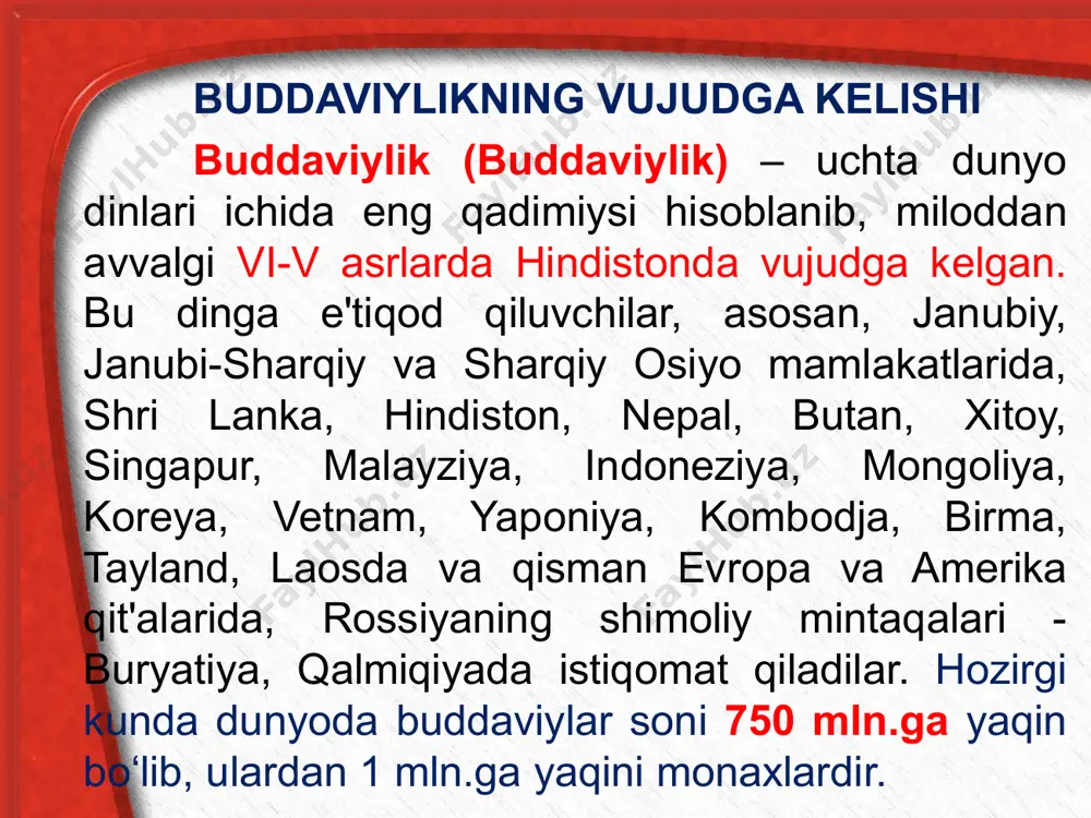 noqlarning sabablari mavjuddir». inson moddiy narsalar yoki ma’naviy qadriyatlardan foydalanib, ularni haqiqiy vа doimiy deb hisoblaydi va doimo ularga ega bo`lishga intiladi «azob - uqubat mavjuddir». har bir tirik jon boshidan kechiradi, shuning uchun har qanday hayot - qiynoq, azob-uqubatdir 14 birinchi haqiqat ikkinchi haqiqat uchinchi haqiqat to`rtinchi haqiqat buddaviylik ta’limoti asosan uch amaliy qismdan iborat 15 medi-tatsiya axloq dono-lik meditatsiya to`g`ri tushunish to`g`ri niyat qilish to`g`ri o`zini tutish to`g`ri anglash to`g`ri harakat qilish to`g`ri muomalada bo`lish to`g`ri fikr yuritish to`g`ri gapirish a x l o q (pancha shila) qotillikdan saqlanish o`g`irlikdan saqlanish gumrohlikdan saqlanish yolg`on, qalbaki narsalardan saqlanish mast qiluvchi narsalardan saqlanish tushdan keyin ovqatlanishdan saqlanish o`yin-kulgudan saqlanish zebu-ziynat, atir-upalardan saqlanish d o no l i k bu buddaviylikning asosiy maqsadi bo`lib, narsalar tabiatini to`g`ri tushunish budda o`z shogirdlari bilan buddaviylikning tarqalishi shimoliy hindiston nеpal xitoy qalmoqiston singapur buryatiya malayziya butan indonеziya markaziy osiyo mongoliya laos korеya tayland vеtnam …