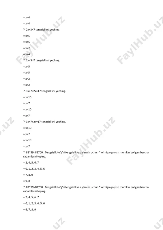 = 526 = 495 = 517 ? tenglamani yeching: 2 ∙ 𝑥 − 1 = 3. = 5 = 2 = 4 = 1 ? tenglamani yeching: 2 ∙ 𝑥 = 1 = 3. = 5 = 2 = 4 = 1 ? tenglamani yeching: 2 ∙ 𝑥 − 11 = 13. = 15 = 12 = 14 = 11 ? tenglamani yeching: (100 − 72): 𝑥 = 7. = 5 = 2 = 4 = 1 ? tenglamani yeching: (32 = 68): 𝑥 = 10. = 5 = 12 = 10 = 11 ? tenglamani yeching: 𝑥: (100 − 72) = 1. = 14 = 28 = 4 = 18 ? tenglamani yeching: 125: (𝑥 = 5) = 25. = 5 = 0 = 4 = 1 ? tenglamani yeching: (17 − 𝑥): 3 = 4. = 5 = 2 = 4 = 1 ? tenglamani yeching: (24 − …
