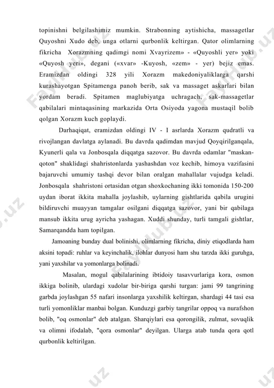 a joylashib, uylarning g�ishtlarida qabila urug�ini bildiruvchi muayyan tamg�alar osilgani diqqatga sazovor, ya�ni bir qabilaga mansub ikkita urug� ayricha yashagan. xuddi shunday, turli tamg�ali g�ishtlar, samarqandda ham topilgan. jamoaning bunday dual bo�linishi, olimlarning fikricha, diniy e�tiqodlarda ham aksini topadi: ruhlar va keyinchalik, ilohlar dunyosi ham shu tarzda ikki guruhga, ya�ni yaxshilar va yomonlarga bo�linadi. masalan, mo�g�ul qabilalarining ibtidoiy tasavvurlariga ko�ra, osmon ikkiga bo�linib, ulardagi xudolar bir-biriga qarshi turgan: jami 99 tangrining g�arbda joylashgan 55 nafari insonlarga yaxshilik keltirgan, shardagi 44 tasi esa turli yomonliklar manbai bo�lgan. kunduzgi g�arbiy tangrilar oppoq va nurafshon bo�lib, "oq osmonlar" deb atalgan. sharqiylari esa qorong�ilik, zulmat, sovuqlik va o�limni ifodalab, "qora osmonlar" deyilgan. ularga atab tunda qora qo�tl qurbonlik keltirilgan. umuman olganda, dualizm ta�limotida rang muhim rol o�ynaganiga buxoro yonidagi buxorxudotlarning yozgi qarorgohi varaxshaning qizil va sharqiy zallaridagi tasvirlarda bir-biridan farq qiluvchi turli ranglar ishlatilgani misol bo�la oladi. fikrimizcha, ular turli marosimlar uchun ishlatilgan: sharqiy …