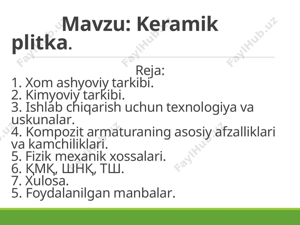 itish; rolikli quritish uskunalalarida 5. keramik plitkani pishirish; pishirish uskunalarida ( 900-1400c ) 6.pishirilgan buyumlarni navlarga ajratish; 7.tayyor maxsulot omboriga jonatish; 4. keramik plitkaning asosiy afzalliklari: 1.materiallarni kimyoviy moddalarga nisbatan inert xususiyatlari, bu sizga plitkalarni har qanday usulda yuvishga imkon beradi. 2.ekologik toza kompozitsiya. seramika o'zi butunlay tabiiy materialdir. shuning uchun undan tayyorlangan plitkalar atrof muhitga va inson salomatligiga zarar etkazmaydi. 3. yong'in xavfsizligi. materialning yuqori issiqlik o'tkazuvchanligiga qaramay, plitkalar qizdirilganda yonmaydi va hatto tutamaydi. 4. elektr izolyatori.keramika plitalari o'tkazuvchan emas(1). mahsulotning kamchiliklari: 1.mahsulotning moʻrtligi 2.uning vazni 3.mustahkamligi past 4.chizilishga moyil 5. fizik mexanik xossalari. keramik plitkaning mexanik xossasi yuk kotarish qobiliyati fizik xossalari kimyoviy muhitlarga chidamli,suv yutuvchanligi juda past,atrof muhitga va inson salomatligiga salbiy tasir korsatmaydi,yonginga chidamli,tutamaydi,issiqlik va sovuq otkazuvchanlik,elektr tokini yomon otkazadi. 6. қмқ, шнқ, тш. gost 27180-2001- “keramik plitkalar sinov usullari” gost 11358-qalinligini olchagich gost 5584-nuqsonlarini olchash gost 7502-bolinish qiymati gost 3584-terish korsatkichlari gost 577-terish korsatkichlari(3) 7. …
