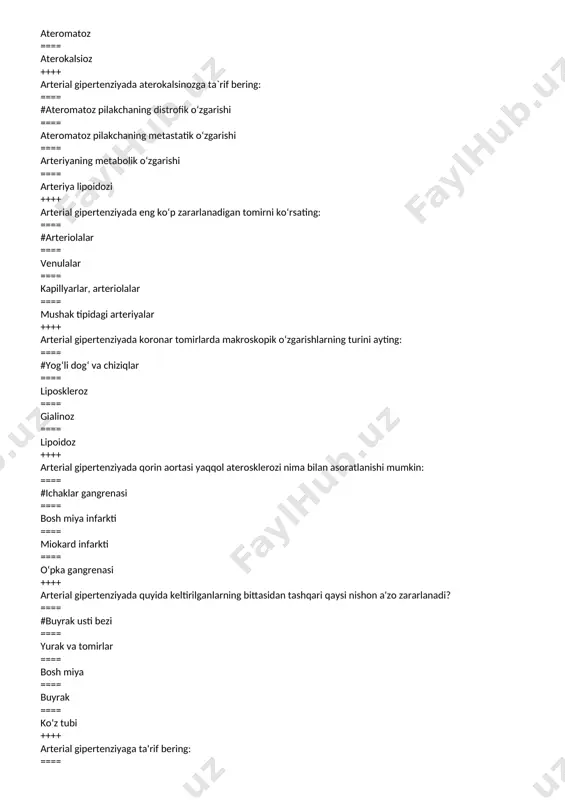 aqb ning turg‘un ko‘tarilib turishi bilan kechadigan kasallik ==== gipertenziya kasalligining ikkilamchi kechishi ==== modda almashinuvi buzilishi kasalligi ==== infeksion kasallik ++++ arterial gipertenziyani nomedikamentoz davolashga xos emas: ==== #jismoniy faollikni chegaralash ==== yetarlicha jismoniy faollik ==== ortiqcha tana vaznini kamaytirish ==== osh tuzini chegaralash ==== suyuqlik miqdorini kamaytirish ++++ arterial gipertenziyaning ko‘p uchraydigan klinik-morfologik turini ayting: ==== #serebral ==== funksional ==== mezenterial ==== latent ++++ arterial gipertenziyaning zamonaviy nazariyasini ayting: ==== #membrana ==== retseptor ==== nerv-metabolik ==== psixoemotsional ++++ aspiratsiyali pnevmoniyani davolash uchun antibiotiklar guruhi: ==== #ftorxinolonlar ==== streptosid ==== benzilpenitsillin ==== amoxitsillin ++++ aspiratsiyali pnevmoniyani davolash uchun antibiotiklar guruhi: ==== #karbapenemlar ==== rifampitsin ==== sulfanilamidlar ==== amoxitsillin ++++ ateroskleroz bilan zararlanadi: ==== #arteriyalar ==== muskul ==== tomirlar ==== kapillyarlar ++++ atipik pnevmoniyaga ko’pincha sabab bo’ladi: ==== #mikoplazma ==== stafilokokk ==== ichak tayoqchasi ==== streptokokk ++++ atipik pnevmoniyaga ko’pincha sabab bo’ladi: ==== #xlamidiya ==== stafilokokk ==== pnevmokokk ==== streptokokk …