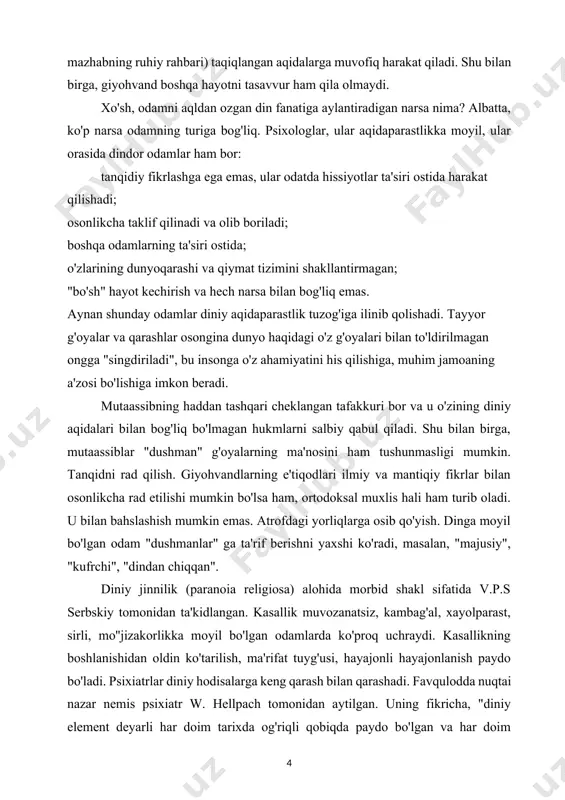 damlarda ko'proq uchraydi. kasallikning boshlanishidan oldin ko'tarilish, ma'rifat tuyg'usi, hayajonli hayajonlanish paydo bo'ladi. psixiatrlar diniy hodisalarga keng qarash bilan qarashadi. favqulodda nuqtai nazar nemis psixiatr w. hellpach tomonidan aytilgan. uning fikricha, "diniy element deyarli har doim tarixda og'riqli qobiqda paydo bo'lgan va har doim ommaviy ruhiy kasallikning qanotlarida tarqalib, hal qiluvchi o'zgarishlarni boshidan kechirgan". ko'pincha, diniy xurofot ta'siri ostida, nopok ruhga ega bo'lish deliryum rivojlanadi. shuningdek, ruhiy kasal bo'lgan rohibalar ham juda ko'p, ammo, ehtimol bu monastizmga kirish ba'zi ruhiy nomutanosiblikning namoyon bo'lishi bilan bog'liqdir ... ba'zi mazhablarga mansub bo'lgan, ayniqsa murosasizlik, aqidaparastlik va fanatizm, shuningdek diniy bo'lganlarga tegishli. diniy oqim kuchli hissiy hayajon, ekstazga erishish bilan birlashadi, ruhiy kasallikning rivojlanishiga hissa qo'shadi. " diniy jinnilikni tasvirlab, s.s. korsakov nevropatik kayfiyatli, kam fikrli, bolaligidan tasavvufga moyil bo'lgan odamlar ushbu buzuqlikka moyil ekanligini ta'kidladi. l.feyerbaxning ta'kidlashicha, "din - bu cheksiz narsalarning ongi, shuning uchun inson unda cheklangan va cheklangan emas, balki …