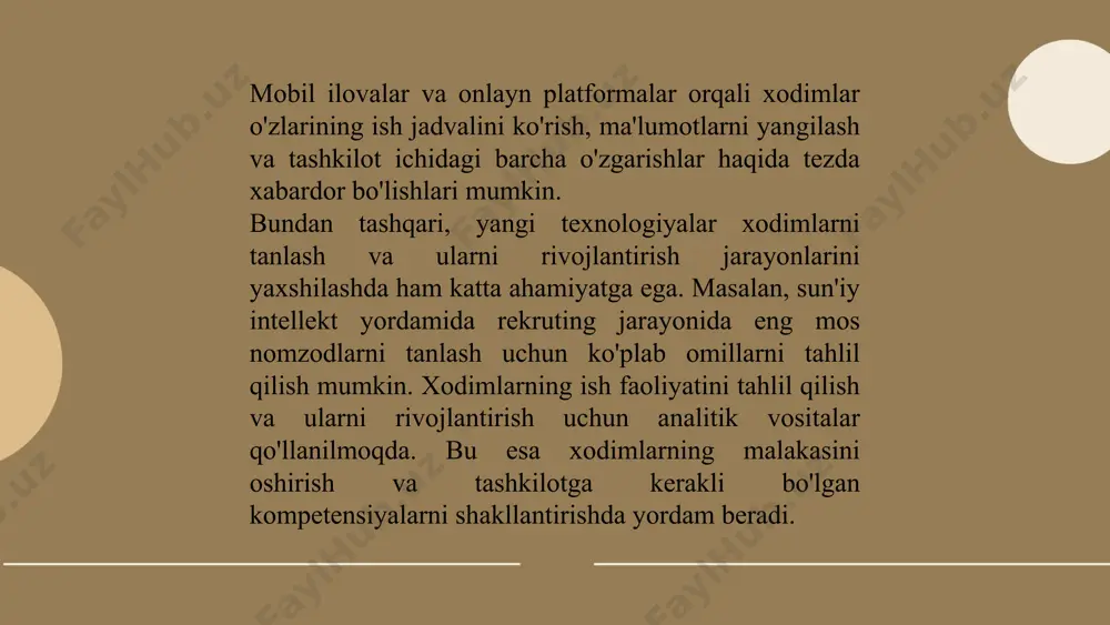 shligini kuchaytiradi. ... t.me/slaydai_bot birinchidan, raqamli platformalar yordamida xodimlarning ish faoliyatini tahlil qilish va monitoring qilishni soddalashtirish mumkin. masalan, sun'iy intellekt yordamida xodimlarning samaradorligini prognoz qilish va ish faoliyatini tahlil qilish imkoniyatlari mavjud. bu xodimlarni rivojlantirish va ularga qo‘shimcha treninglar yoki malaka oshirish imkoniyatlarini taqdim etish uchun foydali bo‘ladi. rekruting va selektsiya jarayonlarini avtomatlashtirish ham muhim strategiya hisoblanadi. raqamli platformalar orqali nomzodlarni tanlash va intervyu jarayonlarini tezlashtirish mumkin. sun'iy intellekt yordamida nomzodlarning malakalarini tahlil qilish va ular orasidan eng moslarini tanlashni avtomatlashtirish, vaqtni tejashga va xatoliklarni kamaytirishga yordam beradi. muammoli oila va uning yechimi. profi unversteti 103 mts talabasi saidova nilufar milliy tarbiya fanidan e'tiboringiz uchun raxmat! image1.png image2.png image3.png image4.jfif image5.png image6.jfif image7.jfif image8.jfif /docprops/thumbnail.jpeg