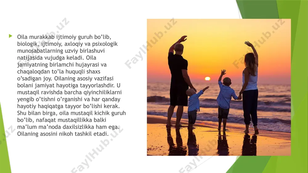 minlaydi. tarbiyaviy funksiyasi – bu funksiya doirasida bilim, tajriba, estetik, axloqiy va boshqa qadriyatlarni uzatish ijtimoiy rollarni rivojlanishiga ko’maklashish kabi vazifalar mavjud. ya’ni buni kengroq tahlil qilsak bola oila doirasida asta sekin muloqot, gigiyena, jamiyatdagi xatti-harakatlar va shu kabilarning asoslarini o’rganadi. oilada bola avlod munosabatlarining ahamiyatini, ota-onalar, bobo-buvilar bilan muloqot qilishning mos usulini tushunishni o’rganadi, keyinchalik u boshqa a’zolar bilan muloqotda qo’llaniladi. iqtisodiy funksiyasi – oila iqtisodiy , byudjeti , daromadini rejali sarflash, kundalik xarajatga, zarur buyumlarga pul ajratish, tejamli ro’zg’or yuritish va shu bilan birga bolalarga ham bu borada ko’nikmalar berib borish. voyaga yetmaganlar va mehnatga layoqatsiz oila a’zolarini iqtisodiy – moddiy qo’llab quvvatlash. zamonaviy bozor munosabatlari sharoitida mulk to’plash, mulkka ega bo’lish, meros masalalarida oilaning iqtisodiy funksiyalarini yanada dolzarbligini ko’rish mumkin. xo’jalik-maishiy funksiyasi – oila jamiyatning asosiy va doimiy xo’jalik negizidir. unda oila a’zolarining jismoniy holatini bir maromida ushlab turish, kasallar va qariyalarga g’amxo’rlik qilish amalga oshiriladi. bu …
