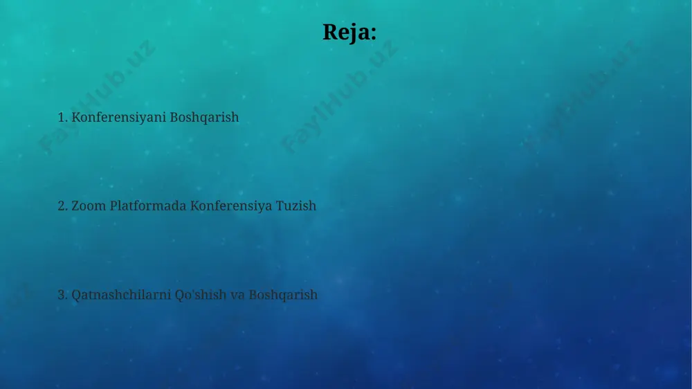 individual ravishda boshqarish vositalari mavjud. zoomda 1000 kishigacha bo'lgan qatnashchilarni ro'yxatga olish va ularga elektron taklifnoma yuborish orqali avtomatlashtirilgan boshqaruvni amalga oshirishingiz mumkin. "breakout rooms" funksiyasi yordamida qatnashchilarni 3 dan 8 tagacha kichik guruhlarga bo'lish va ularning ishlarini zoom platformasi orqali monitoring qilish mumkin. konferensiyani yakunlash va hisobot konferensiya yakunida 100 dan ortiq ishtirokchining fikr-mulohazalarini o'z ichiga olgan batafsil hisobot tayyorlash va uni zoom platformasidagi ma'lumotlar bilan taqqoslash muhim. konferensiyaning samaradorligini baholash uchun ishtirokchilarning faolligi (chatdagi xabarlar soni, so'rovnomalar natijalari), shuningdek, texnik muammolar soni bo'yicha statistik ma'lumotlarni hisobotga kiritish kerak. konferensiya xarajatlarini (zoom litsenziyasi, marketing xarajatlari, spikerlarga to'lovlar) hisobga olgan holda, 5% dan kam bo'lmagan xatolik chegarasi bilan byudjetni tahlil qilish va moliyaviy hisobot tuzish zarur. zoom platformada konferensiya yaratish zoom'dagi konferensiya davomida "breakout rooms" funksiyasi yordamida ishtirokchilarni 3 dan ortiq kichik guruhlarga boʻlish va ular bilan alohida ishlash imkoniyati mavjud. zoom platformida konferensiya yaratishda, ishtirokchilar soni 1000 kishigacha boʻlgan …