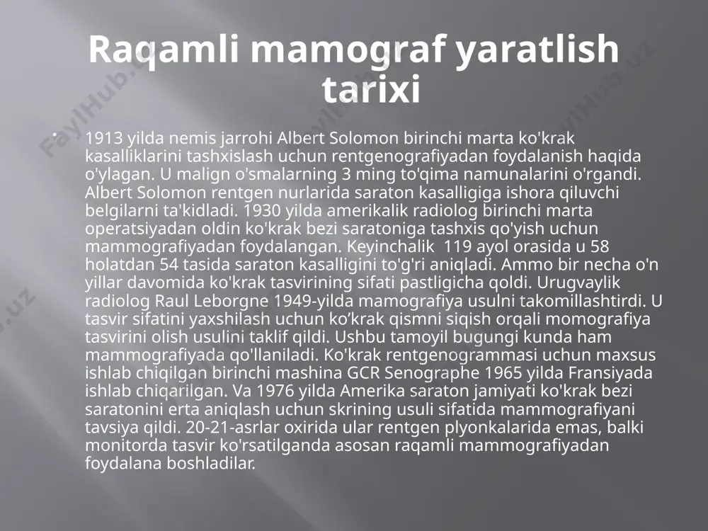 afiyada plyonka-folga aniqligi muhim emas. harakatning xiralashishi: bu, birinchi navbatda, ta'sir qilish muddati juda uzoq bo'lganda, bemor nafas olayotganda yoki organning avtonom harakati tufayli sodir bo'ladi. shovqin: o'z-o'zidan tasvirlangan ob'ektga bog'liq bo'lmagan yorqinlik ma'lumotlaridagi barcha o'zgarishlar odatda "shovqin" deb ataladi. shovqinga turli omillar sabab bo'lishi mumkin; xususan ikkitasi: kvant shovqini: bu detektor tizimida sirt birligi uchun so'rilgan rentgen fotonlari soni juda past bo'lganda yuzaga keladi. tizim shovqini: bu, masalan, plyonkaning donadorligi juda qo'pol bo'lganda (analog mammografiyada) yoki raqamli mammografiya detektor tizimlarining analog-raqamli konvertatsiyasidagi kamchiliklardan kelib chiqadi.shovqin tasvir sifatiga salbiy ta'sir qiladi va kichik tuzilmalarning aniqlanishini kamaytirishi mumkin rezolyutsiya: tasvirning o'lchamlari ikkita detal orasidagi eng kichik masofa sifatida aniqlanadi va o'lchanadi, ular hali ham diskret tuzilmalar sifatida tan olinishi mumkin. tasvirning cheklovchi rezolyutsiyasiga alohida detallar sifatida ajratilishi mumkin bo'lgan eng kichik tuzilmalar shunchaki ko'rinib turganda erishiladi. biroq, bunday tuzilmalarning o'lchamlari faqat yetarli kontrast bilan mumkin. shunday qilib, yuqori kontrastli ruxsat (fazoviy …