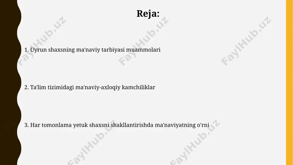 dolzarbligini ko'rsatadi. toshkent shahridagi maktablarning 30%ida ma'naviy-axloqiy tarbiya bilan shug'ullanuvchi malakali mutaxassislar yetishmasligi, o'quvchilarning shaxsiy rivojlanishiga salbiy ta'sir ko'rsatadi. ma'naviy yetuk shaxsni shakllantirishdagi innovatsion yondashuvlar ma'naviy-axloqiy tarbiya samaradorligini oshirish uchun toshkentdagi 5 ta maktabda 2023-yilda innovatsion “aqlli ta'lim” dasturi sinovdan o'tkazildi, natijalar 15% ga o'sishni ko'rsatdi. xorazm viloyatidagi 3 ta oliygohda 2024-yildan boshlab "ma'naviyat darslari" faniga zamonaviy axborot texnologiyalari va interfaol usullarni qo'llash orqali yangi yondashuv joriy etiladi. oila va maktabning ma'naviy tarbiyadagi roli toshkent shahridagi 100 dan ortiq maktabda amalga oshirilgan tadqiqotlar shuni ko'rsatdiki, ota-onalar bilan maktab o'qituvchilari o'rtasidagi samarali hamkorlik talabalarning ma'naviy yetukligini 15% ga oshiradi. oila, samarqanddagi 25-maktab misolida ko'rsatilganidek, bolaning dastlabki 5 yillik ma'naviy rivojlanishida muhim rol o'ynaydi, maktab esa bu jarayonni 11 yil davomida davom ettiradi va kengaytiradi. zamonaviy ta'limda ma'naviy qadriyatlarni shakllantirish zamonaviy oʻzbekiston ta’lim tizimida 2023-yilda 5 yoshdan 18 yoshgacha boʻlgan 7 millionga yaqin oʻquvchi qamrab olingan holda ma’naviy-axloqiy tarbiya fanlariga 30% koʻproq …