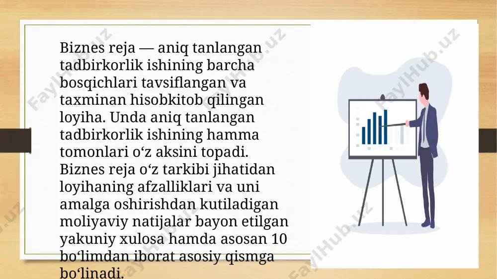 a etkazib berish fani va san’ati” deb ta’riflaydi. marketing amalga oshirilmagan ehtiyojlar va istaklarni aniqlaydi. u aniqlangan bozor hajmini va foyda olish imkoniyatlarini belgilaydi, va o’lchaydi. sodda qilib tushuntirganda, marketing — bozorda mavjud bo’shliq, muammo, tanqischilikni aniqlash va unga to’g’ri yechim berishdir. har bir tashkilot, kompaniya borki marketingdan foydalanishi kerak. marketing bizneslar rivoji uchun asosiy tamal toshi vazifasini o’tab beradi. biznes rejasining marketing rejasi bo'limi sizning mijozlaringizni mahsulotingizni va / yoki xizmatlarni qanday qilib sotib olishingiz mumkinligini tushuntiradi. marketing rejasi , sizning batafsil ma'lumotlaringizni o'z ichiga oladi: mahsulotlar va / yoki xizmatlar va noyob sotuvdagi taklifi pricing strategiyasi savdo / tarqatish rejasi reklama va aktsiyalar rejasi marketing rejangizni rivojlantirishning eng oson usuli, ushbu bo'limlarning har birida ish rejasini oldingi bo'limlarini yozish paytida tugatgan bozor tadqiqotiga ishora qilishdir. (agar biznes rejasining bir qismi sifatida emas, balki o'zingizning marketing rejangizni ishlab chiqayotgan bo'lsangiz, reja ham maqsadli bozorni va raqobatchilarning tahlilini o'z ichiga …