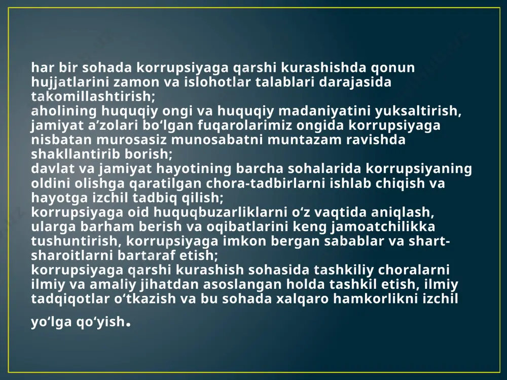 lika, qolganlari viloyat tuman-shahar miqyosidagi vazirliklar, idoralar hamda korxona va tashkilotlarda ishlab kelgan. jinoiy javobgarlikka tortilgan bu xodimlarning 821 nafari o‘zganing mulkini o‘zlashtirish yoki rastrata yo‘li bilan talon-toroj qilish, 138 nafari pora olish va berish, qolganlari esa boshqa mansabdorlik jinoyatlari uchun javobgar bo‘lgan”. mazkur tahliliy materiallardan ham ko‘rinib turibdiki, keyingi ikki yilda mamlakatimizda korrupsiyani oldini olish va korrupsiyaga qarshi kurashish ishlari davlatning vakolatli organlari tomonidan izchil ravishda amalga oshirilayotganligini ko‘rsatadi. mamlakatimizda prezidentimiz sh.m. mirziyoev rahnomaligida amalga oshirilayotgan islohotlarning ustuvor vazifalaridan biri korrupsiyaga qarshi tizimli ravishda kurashish davlat siyosatining asosiy yo‘nalishlaridan biri hisoblanadi. korrupsiyaga qarshi kurashishning huquqiy asoslari, tashkiliy tuzilmasi va amalga oshirish strategiyasi xalqaro huquqiy talablar asosida belgilandi. korrupsiyaga qarshi kurashishning alohida institutsional tuzilmasi sifatida korrupsiyaga qarshi kurashish bo‘yicha respublika idoralararo komissiyasi tashkil etilib, hozirgi kunda mazkur idora unodc (bmtning narkotik va jinoyatchilik bo‘yicha idorasi), undp (bmt taraqqiyot dasturi) va osce (yevropa xavfsizlik va hamkorlik tashkiloti) kabi xalqaro tashkilotlar bilan …