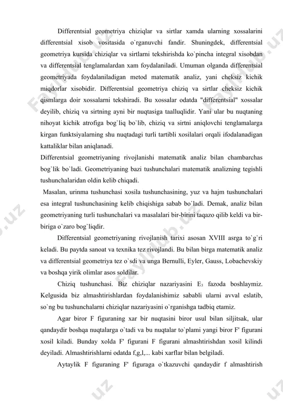 bu tushunchalarni chiziqlar nazariyasini o`rganishga tadbiq etamiz. agar biror f figuraning xar bir nuqtasini biror usul bilan siljitsak, ular qandaydir boshqa nuqtalarga o`tadi va bu nuqtalar to`plami yangi biror f' figurani xosil kiladi. bunday xolda f' figurani f figurani almashtirishdan xosil kilindi deyiladi. almashtirishlarni odatda f,g,l,... kabi xarflar bilan belgiladi. aytaylik f figuraning f' figuraga o`tkazuvchi qandaydir f almashtirish berilgan bo`lsin. 1-ta‘rif. agar f almashtirish f figurani o`zaro yaqin nuqtalarini f' figuraning o`zaro yaqin nuqtalariga o`tkazsa, f almashtirishni uzluksiz almashtirish deyiladi. 2-ta‘rif. agar f figuraning turli nuqtalarini f' figuraning turli nuqtalariga o`tkazuvchi f almashtirish va unga teskari bo`lgan f-1 almashtirishlarning xar ikkalasi xam uzluksiz bo`lsa, f almashtirishlarni topologik almashtirish deyiladi. 3-ta‘rif. agar f figurani f' figuraga o`tkazuvchi f almashtirish f figurani xar bir nuqtasining yetarlicha kichik atrofida topologik almashtirish bo`lsa, f almashtirishni f figuraning lokal-topologik almashtirishi deyiladi. endi bu tushunchalardan foydalanib chiziqlarning turini aniqlovchi quyidagi ta‘riflarni keltiramiz. 4-ta‘rif. ав ochiq …