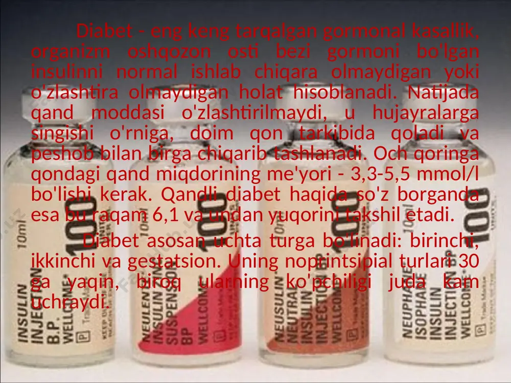 farqni bilib olaylik. 1-turdagi va 2-turdagi diabet - mutlaqo turli kasalliklardir. ularni bir atama bilan nomlashlariga sabab shuki, oldinlari ularni ajrata olishmagan, ularning belgilari esa o'xshash bo'lgan. bu sizni qo'rqitadi. 2-turdagi diabet bilan tanish bo'lgan qarindoshlaringiz yoki tanishlaringiz bor bo'lsa ajabmas. ularga qarab turib, ularning diabetdan aziyat chekayotganiga ishonish qiyin. ammo bu yomon - biz shunchaki diabetning real oqibatlarini sezmaymiz! hatto bemorlarning o'zi ham paydo bo'lgan asoratlarda yoshlarini, qandaydir kasalliklarini yoki o'sha ortiqcha vaznni ayblaydilar. holbuki aynan mana shu diabet - har qanday kasallikning kechishini yomonlashtiruvchi jiddiy omildir. * xavfni baholaymiz "ha" javobi qancha ko'p bo'lsa, 2-turdagi diabet ehtimoli shuncha ko'p. uch va undan ko'p "ha" degan javob - shifokorga borish uchun bahona bo'la oladi. 1. ortiqcha vazningiz bormi? 2. yaqin qarindoshlaringizning (aka-uka, opa-singil, ota-ona) birida 2-turdagi diabet yoki diabet oldidagi holat bormi? 3. sizda gestatsion diabet bo'lganmi yoki chaqalog'ingiz tug'ilganida 4 kg dan ortiq vaznga ega bo'lganmi? 4. qon …