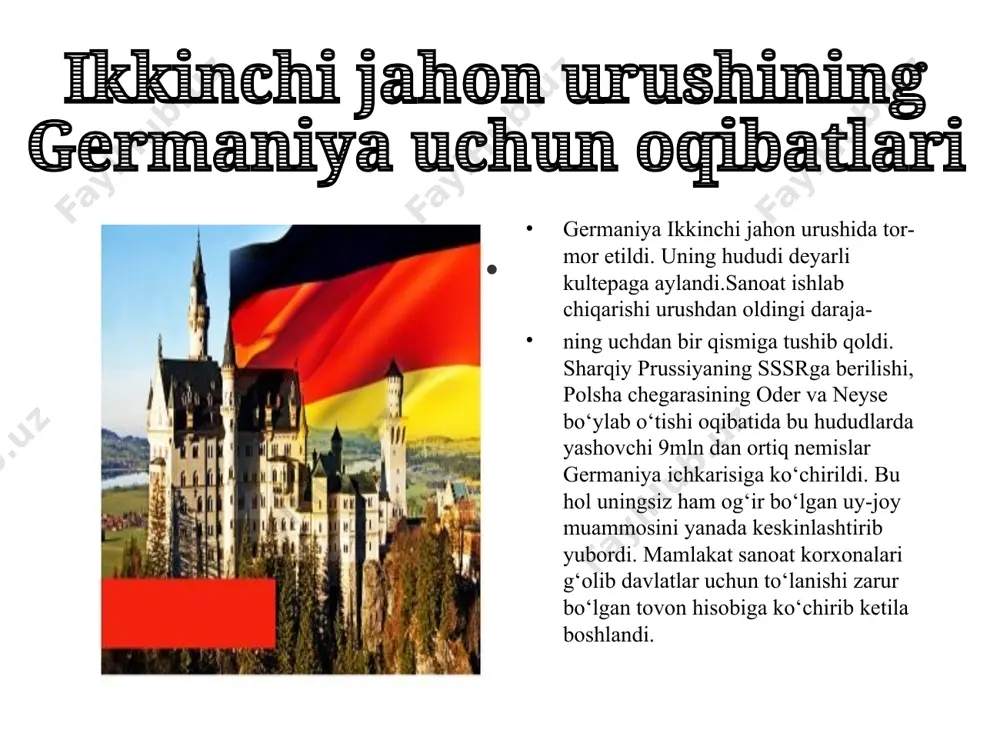angi davlat tuzishga zo‘r berib kirishildi. bu davrda sharqiy germaniyada germaniya yagona sotsialistik partiyasi, xdi, liberal-demokratik partiya hamda dehqonlar partiyasi faoliyat ko‘rsatmoqda edi. bu partiyalar va jamoat tashkilotlari nemis milliy kengashini sayladilar. bu kengash sessiyasi 1949-yilning 7-oktabrida sharqiy germaniya hududida germaniya demokratik respublikasi tuzilganligini e’lon qildi. germaniya demokratik respublikasining tashkil etilishi k. adenauer hukumati ichki siyosatining bosh vazifasi mamlakat iqtisodiyotini tezroq tiklash edi. bu maqsadni ro‘yobga chiqarish vositasi sifatida iqtisodiyotning «ijtimoiy yo‘naltirilgan bozor xo‘jaligi» modeli tanlandi. bu model markazida tadbirkorning shaxsiy tashabbusi va erkin raqobat turar edi. davlatning vazifasi asosan xususiy xo‘jalik subyektlarining faoliyat yuritish shakli va qoidalarini belgilab berishdan va ularga qanchalik amal qilinayotganligi ustidan nazoratni ta’minlashdan iborat bo‘lardi. ayni paytda bu model davlatning, birinchidan, kuchli ijtimoiy siyosat yuritishini ham nazarda tutar edi. hukumat tanlagan yo‘l gfr iqtisodiy taraqqiyotining gurkirab rivojlanishining asosiy omili bo‘ldi. gfrning ichki va tashqi siyosati 80-yillarga kelib gdrni chuqur ijtimoiy-iqtisodiy va siyosiy inqiroz chulg‘ab oldi. …