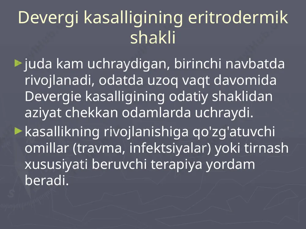 astlanishigacha umumlashtirilishi natijasida yuzaga keladi, lekin ba'zida u birinchi navbatda rivojlanishi mumkin: bundan oldin, sog'lom odamda. psoriatik eritrodermiya psoriazning eng og'ir shakli dermatozning surunkali statsionar kursida psoriatik lezyonlar hajmining doimiy o'sishi natijasida o'z-o'zidan paydo bo'ladi yoki dermatozning progressiv bosqichida irratsional tirnash xususiyati beruvchi terapiya natijasida (ultrabinafsha nurlar bilan intensiv tabiiy yoki sun'iy nurlanish, mishyakni og'iz orqali yuborish, novokain, mercury, mercury bilan tashqi davolash); psoriazin, cygnolin) yoki tizimli kortikosteroidlar va sitostatiklar to'satdan bekor qilingandan keyin. ba'zi hollarda jarayonning tarqalishining sababini aniqlash mumkin emas image1.png image2.png image3.png image4.png image5.png image6.jpeg /docprops/thumbnail.jpeg