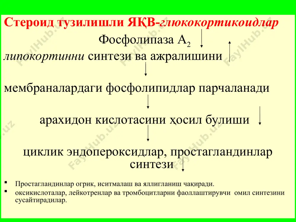 тозга ва оғир ҳолларда ўлимга олиб келиши мумкин. бутадион 50% беморларда диспептик ўзгариш-ларга олиб келади (кўнгил айниш, қусиш, қон кетиш, меъда ва ичакда яра ҳосил бўлиши). шишларнинг пайдо бўлиши (натрий ионларининг реабсорбциясини оширади). аллергик реакциялар, агранулоцитоз, апластик анемия, жигарнинг жароҳатланиши. меъда-яра касаллигида, юрак-томир етишмаслигида, жигар хасталигида бутадион ишлатмайди. мефенам кислотаси яллиғланишга қарши, оғриқсизлантириш ва иситма тушириш таъсири бўйича салицилатлардан кучли. оғриқсизлантириш таъсири бутадионники каби. таъсир механизми цог 1 ва 2 нинг фаоллигини сусайтиради. мий дан яхши сўрилади. қон зардоби оқсиллари билан боғланади. буйраклар орқали метаболитлар ҳолида ажралади. қўллашга кўрсатмалар: ревматизм, полиартрит, артралгия, миалгия, невралгия, бош ва тиш оғриғи, ҳар хил иситмалаш. мефенам кислотасини овқатдан кейин сут билан ичиш лозим, чунки кўнгил айниши, ич кетиши, қоринда оғриқ чақириши (маҳаллий таъсирлантирувчи хоссаси бор) мумкин. баъзан аллергик реакциялар (эшакем, қичишиш) бўлади. флумефенам кислотаси мефенам кислотасиникига ўхшаш. индометацин- энг фаол. кучли оғриқ-сизлантирувчи ва ўртача иситма тушириш хосса-сига эга. мий дан яхши сўрилади. қон зардобида-ги …