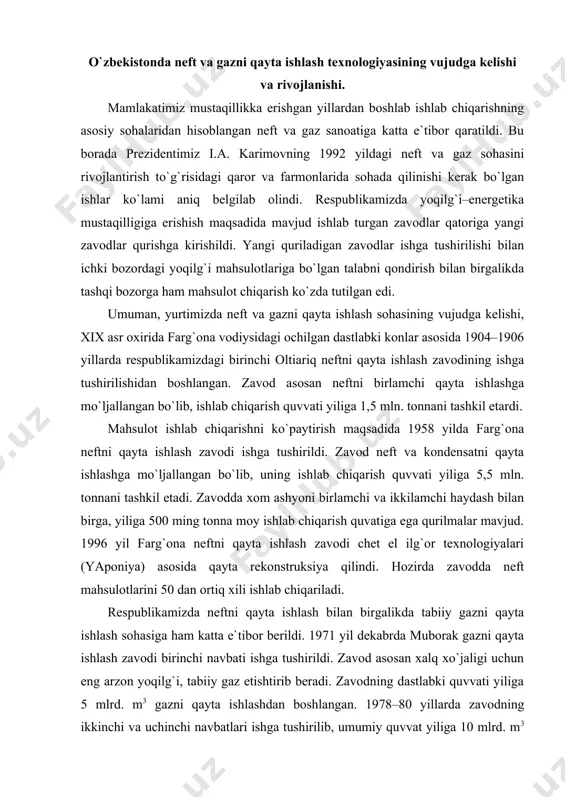 rtiq xili ishlab chiqariladi. respublikamizda neftni qayta ishlash bilan birgalikda tabiiy gazni qayta ishlash sohasiga ham katta e`tibor berildi. 1971 yil dekabrda muborak gazni qayta ishlash zavodi birinchi navbati ishga tushirildi. zavod asosan xalq xo`jaligi uchun eng arzon yoqilg`i, tabiiy gaz etishtirib beradi. zavodning dastlabki quvvati yiliga 5 mlrd. m3 gazni qayta ishlashdan boshlangan. 1978–80 yillarda zavodning ikkinchi va uchinchi navbatlari ishga tushirilib, umumiy quvvat yiliga 10 mlrd. m3 ni tashkil etdi. 1984 yil to`rtinchi navbati ishga tushirildi va umumiy quvvat yiliga 25 mlrd. m3 ni tashkil etdi. hozirgi vaqtda umumiy quvvat yiliga 30 mlrd. m3 ni tashkil etadi. muborak gazni qayta ishlash zavodi xom ashyo manbalari asosan yuqori oltingugurtli (4,5-5,0 %) o`rtabuloq, dengizko`l-xauzak, somontepa konlari va kam oltingugurtli (0,08-0,3 %) kultak, zevarda, pomuq, alan gaz konlaridir. zavodning asosiy mahsulotlari tabiiy gaz, texnik oltingugurt, barqarorlashtirilgan kondensat va suyultirilgan gaz hisoblanadi. tabiiy gazdan asosan polimer materiallar polietilen, polivinil-xlorid, nitril, akril kislota …