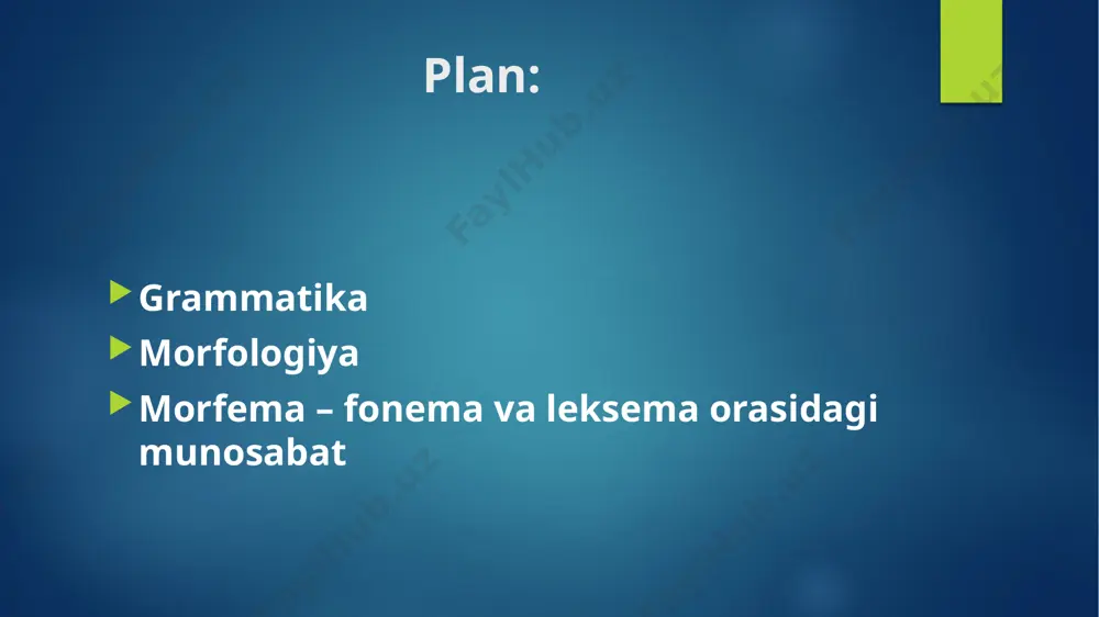 ni-menga; мы - нас; biz – bizni – bizga; grammatika tilning ichki qurilishi haqidagi bo‘lim hisoblanib, ikki qismdan iborat: morfologiya va sintaksis. morfologiya morfologiya grammatikaning bir qismi bo‘lib, so‘z turkumlari, so‘zning grammatik shakli, grammatik ma’no, morfologik kategoriya ( tushuncha)larni o‘rganuvchi bo‘lim. morfologiya so‘zni grammatik birlik sifatida tekshiradi. so‘z grammatik birlik sifatida grammatik ma’nosi va grammatik shakliga ega bo‘ladi. grammatik ma’no so‘zning u yoki bu turkumga mansubligini ko‘rsatuvchi, so‘zning ma’lum bir grammatik shakl orqali ifodalanadigan ma’nosi grammatik ma’no hisoblanadi; qalam, suv, tosh, olma, bog‘,uy so‘zlari bir grammatik ma’noga mansub so‘zlar hisoblanadi. grammatik forma ( shakl) yoki so‘z formasi so‘zning ma’lum bir grammatik ma’no ifodalovchi shakli so‘zning grammatik formasi (shakli) deyiladi. grammatik ma’noni ifodalovchi morfema grammatik ( morfologik) ko‘rsatkich ham deyiladi. masalan, ko‘plikning grammatik ko‘rsatkichi-lar; bosh kelishik va bo‘lishlilik ko‘rsatkichi yo‘q (nol ko‘rsatkichli). grammatik shakl (so‘z formasi) ning uch xil turi mavjud: 1. affikslar (qo‘shimchalar): uyni, uydan, uyga; o‘qiyapman, o‘qiyapsan, o‘qiyapti. affikslar …
