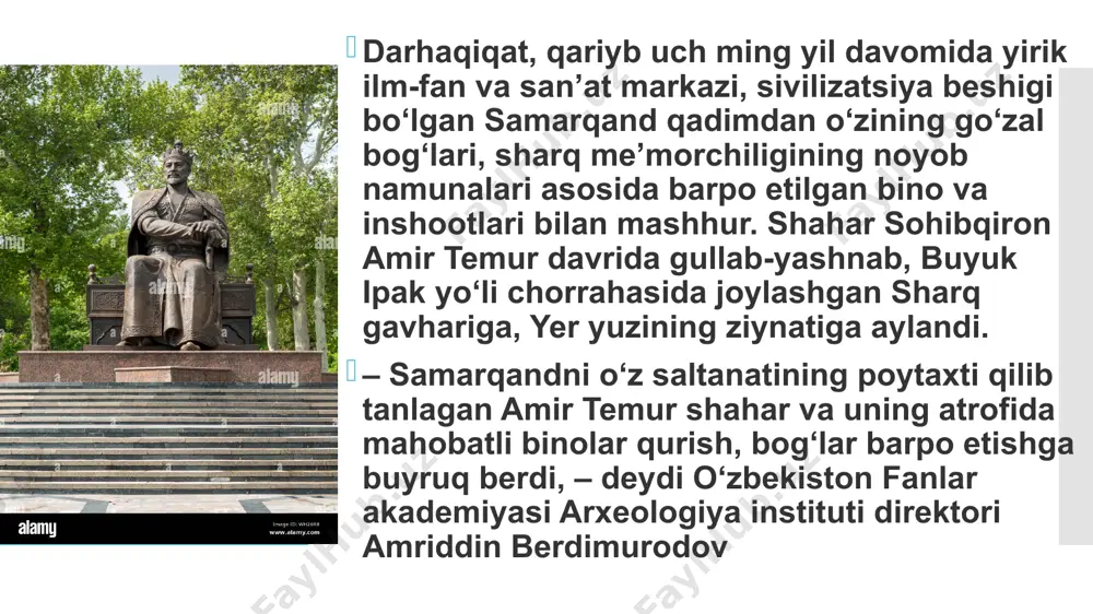 gi bog‘lar barpo etilib, yo‘lbarslar xiyoboni, ruxobod maydoni, shoirlar bog‘i barpo etildi. davlatimiz rahbari tashabbusi bilan 2004-2005-yillarda shahar markaziy istirohat bog‘ini rekonstruksiya qilish ishlari amalga oshirilib, uning qiyofasini tubdan o‘zgartirdi. shaharsozlik talablari inobatga olinmagan holda barpo etilgan binolar o‘rniga zamonaviy inshootlar, favvoralar, sport maydonchalari barpo etildi. yangi attraksionlar va oʻyin inshootlari oʻrnatildi. bog'ning markazida alisher navoiy haykali o'rnatilgan, bog'ga buyuk shoir nomi berilgan. 12,5 gektar maydonni egallagan bog‘ning yashil zonasi kengaytirilib, xorijdan keltirilgan 1500 dan ortiq noyob daraxt va buta turlari ekildi. bu yerda 150-200 yilgacha yashaydigan botqoq sarv, temir daraxt, yapon qog‘oz daraxti, qrim qarag‘ayi, eman, piramidasimon sarv kabi plantatsiyalarni parvarish qilish uchun barcha zarur chora-tadbirlar ko‘rildi keyingi yillarda shahardagi “sug‘diyona”, “yoshlik” madaniyat va istirohat bog‘larida keng ko‘lamli bunyodkorlik ishlari amalga oshirilmoqda. hozir bu yerda aholining sevimli dam olish maskanlari, madaniy-ma’rifiy tadbirlar, viloyat va respublika anjumanlari o‘tkazilmoqda. joriy yilda shaharning ko‘ksaroy va teatralnaya maydonlarida salmoqli qurilish va obodonlashtirish ishlari …
