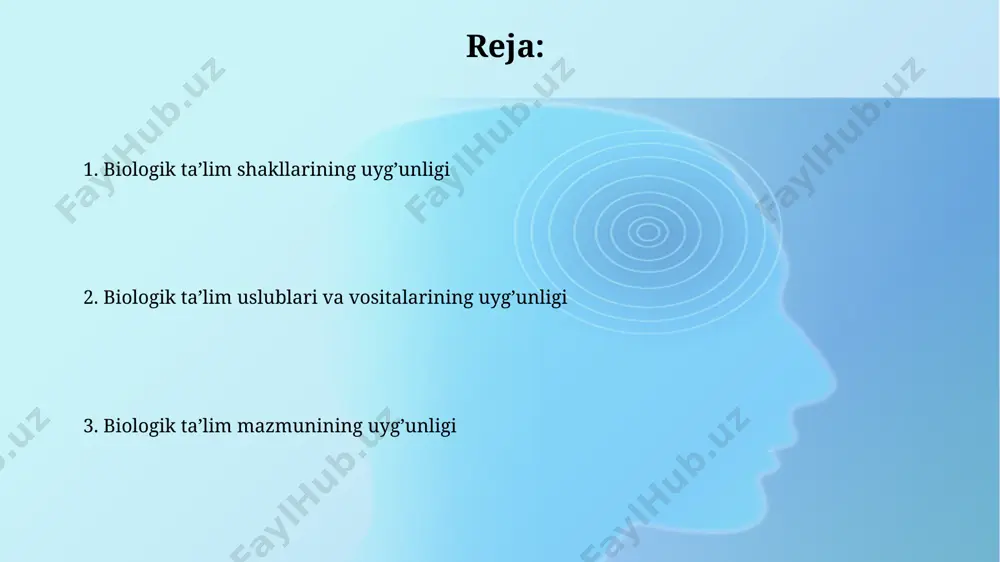 da biologiya fanini o'qitishning 4 ta asosiy shakli (ma'ruza, seminar, amaliy mashg'ulot, loyiha) qo'llanilib, har birining metodik jihatlari o'quv maqsadlariga moslashtiriladi. biologiya ta'limining samaradorligini oshirish uchun 5 xil turdagi zamonaviy vositalar (interfaol doska, simulyatorlar, vr texnologiyalari) qo'llanilishi va ularning mazmun bilan uyg'unligi muhim. mazmun va shakllarining uyg'unligi biologiya ta’limining mazmuni 3 ta asosiy yo’nalish – genetika, fiziologiya va ekologiya bo’yicha 5 ta asosiy kompetensiyani shakllantirishga qaratilgan bo’lishi kerak. biologiya fanidan 10-sinf o’quv dasturi nazariy bilimlar va amaliy ko’nikmalar (masalan, mikroskop bilan ishlash) nisbatini 60/40 qilib belgilash o’quv mazmuni va shakllarining uyg’unligini ta’minlaydi. vositalar va shakllarining uyg'unligi biologiya fanini o‘qitishda turli xil vositalar va shakllarning birgalikda qo‘llanishi, o‘quv natijalarini 15-25 ballga yaxshilashga olib kelishi mumkin. biologiya ta’limining 3 ta asosiy vositasi (o‘quv qo‘llanmalar, laboratoriya jihozlari, raqamli resurslar) o‘quv jarayonining samaradorligini 20% ga oshirishi mumkin. mazmun va vositalarning uyg'unligi interaktiv o’quv vositalari, masalan, 3d modellashtirish yoki virtual laboratoriyalar, mazmunni chuqurroq anglash va …
