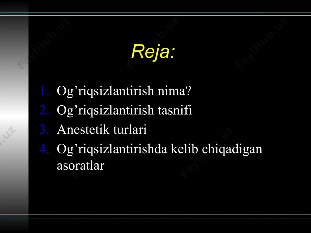 alliy anesteziyaga qarshi ko’rsatmalar anestetik tarkibidagi moddalarga individual allergiyani bo’lishi miokard infarkti o’tkazgandan keyin 6 oygacha o’tkir jigar yetishmovchiligi taxikardiya, refrakter aritmiyalar giperterioz homiladorlikning 1-3 oyligida applikatsion anesteziya og’riqsizlantiruvchi modda to’qimalarga (ignasiz), shilliq pardaga surtiladi, so’rilishi bilan ta’sir qiladi infiltratsion anesteziya bu usulni asosida to’qimani anestetik bilan to’yintirish yotadi. sohaga igna sanchilib anestetik yuboriladi va shu zonadagi to’qima to’yintiriladi. anestetik nervning periferik retseptorlari o’tkazuvchi tolalari orqali miya markaziga ta’sir etadi infiltratsion anesteziya interligamentar anesteziya pulpa ichi anesteziyasi инфильтрацион ёки ўтказувчи анестезиянинг самараси бўлмаганда қўшимча усул бўлиб ҳисобланади; карпул шприц, диаметри 0,3 мм-узунлиги 10 мм игна ёрдамида бажарилади. очиқ пульпа шохига, босим остида, ўртача 0,1 мл гача анестетик юборилади o’tkazuvchan anesteziya infraorbital anesteziya infraorbital anesteziya tuberal anesteziya uch shoxli nervning ikkinchi shoxi yuqori orqa alveolyar tarmoqlari yuqori jag' suyagining qanotsimon tanglayga qaragan orqa bo'rtmasi yuzasidan bir necha tola orqali suyakka kirib keladi va yuqori jag'ni uchta katta oziq tishlar, shu sohadagi …