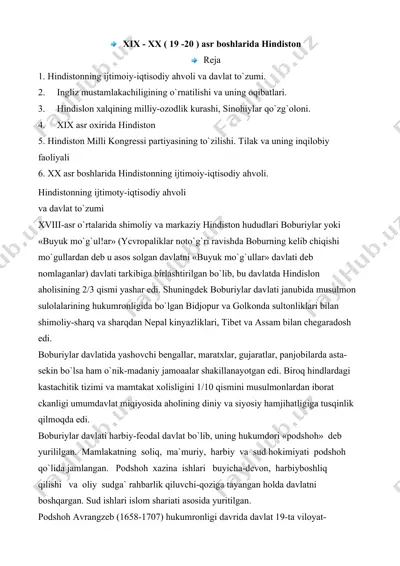 xix - xx ( 19 -20 ) asr boshlarida hindiston — DOCX