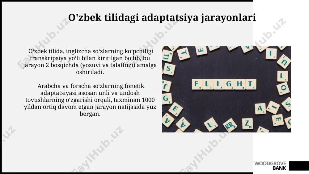 g grammatik funksiyasi ham ta'sir qiladi: masalan, bir so'zning ot sifatida va fe'l sifatida ishlatilishi uning talaffuziga 2 xil variantda ta'sir qilishi mumkin. woodgrove bank o'zbek tiliga kirib kelgan so'zlarning guruhlari rus tilidan olingan so'zlarning katta qismi (taxminan 30%) texnika, siyosat va kundalik hayot sohalariga tegishli bo'lib, ularning talaffuzi rus tili qoidalariga moslashgan. o'zbek tiliga arab tilidan kirib kelgan so'zlarning 70% dan ortig'i diniy va ilmiy atamalar bo'lib, ularning talaffuzi ko'pincha asl arabcha talaffuziga yaqin. woodgrove bank ingliz tilidan olingan so'zlarning talaffuzi ingliz tilidan olingan so'zlarning talaffuzi ko'pincha asl inglizcha talaffuziga yaqin bo'lsa-da, o'zbek fonetik tizimiga moslashuvi natijasida ba'zi o'zgarishlarga uchraydi, masalan, 10 ta so'zdan 3 tasida undosh tovushlarning soddalashuvi kuzatiladi. o'zbek tiliga kirgan inglizcha so'zlarning taxminan 20% qismi stressning o'zgarishi bilan talaffuz qilinadi, bu esa leksik birlikning ma'nosiga ta'sir qilishi mumkin. bunday o'zgarishlar morfologik tuzilishga ham bog'liq. woodgrove bank fonemalar almashinuvi va o'zgarishlar arab tilidan olingan so'zlarning fonetik integratsiyasi, …