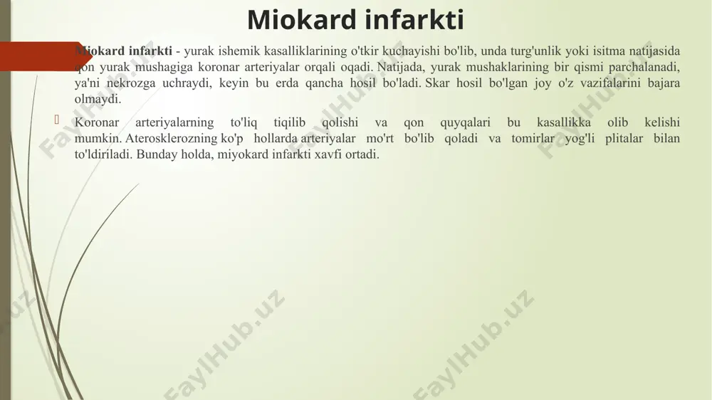mahsulotlar bundan mustasno. yotoqda dam olish bilan bog'liq ich qotishining oldini olish uchun har bir taomga jismoniy faollikni va diareyani oshiradigan mahsulotlarni (lavlagi, sabzi, olma pyuresi, qaynatmalar, loviya sharbatlari, lavlagi, sabzi, o'rik sharbati, o'rik sharbati, o'rik) qo'shish kerak. sharbat). o'tkir davrda yurak xuruji xavfini kamaytirish uchun tuz va erkin suyuqlikni cheklash kerak. ularning sonining kamayishi va nojo'ya ta'sirlarning yo'qolishi bilan arterial gipertenziya va yurak etishmovchiligi kuchayadi. yurak ishemik kasalligi sabablari qon tomirlari torayishining eng keng tarqalgan sababi bu qon tomirlari devorlariga yog’ birikmasi tufayli hosil bo’lgan aterosklerotik blyashkalarning paydo bo’lishidir. shuning uchun, xavf guruhiga qon tomirlarida xolesterin to’planishi uchun ko’plab sharotlarga ega bo’lgan insonlar kiradi: chekuvchilar, spirtli ichimliklarni suiste’mol qiluvchilar, diabet va semirish bilan og’riganlar, giperlipidemiyaga genetik moyilligi bo’lganlar. yurak ishemiya kasalligining alomatlari nafas qisilishi. bunday holat tez yurish yoki zinadan ko’tarilish paytida ham, tinch harakatlar paytida ham yuz berishi mumkin. aritmiya. yurak ishidagi uzilishlar, tezkor yurak urishi. gipertenziya qon …