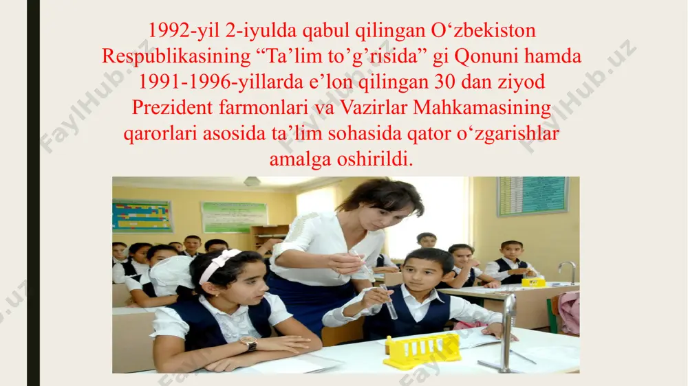 b bosqichini va 3 yillik o’rta maxsus, kasb-hunar ta’lim bosqichini o’z ichiga olgan uzluksiz ta’lim tizimi yaratildi. 2009-yildan boshlab yurtimizda to’liq 12 yillik majburiy ta’lim joriy etildi. bolalar birinchi sinfga 6–7 yoshdan qabul qilinadi. obrazets teksta vtoroy uroven tretiy uroven chetvertiy uroven pyatiy uroven 1999-yilda toshkent islom universiteti tashkil etildi. 2009 -2010 – o’quv yilida 66 ta oliy o’quv yurti, shu jumladan, 6 ta xorijiy oliy o’quv yurtlarining filiallari faoliyat ko’rsatdi. 1997 - yilda tashkil etilgan “umid” jamg’armasi yo’llanmasi bilan 1997-2001-yillarda 785 nafar yigit-qiz rivojlangan davlatlarning oliy o’quv yurtlariga o’qish uchun jo’natildi. ulardan 519 nafari o’qishlarini bitirib keldi va prezident farmoyishi bilan tashkil etilgan maxsus ishchi guruhi yo’llanmasi bilan vazirliklar, idoralar, tashkilot va korxonalarda ishlamoqdalar. obrazets teksta vtoroy uroven tretiy uroven chetvertiy uroven pyatiy uroven toshkentda 2002 - yil iyulda xalqaro vestminster universiteti 2006-yilda moskva davlat universitetining filiali 2007 -yilda moskva neft-gaz universitetining filiali 2008- yilda singapur menejmentni rivojlantirish instituti …