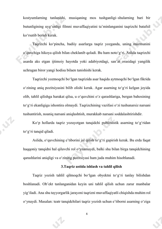 g eng muhim janrlaridan biri bo’lib qoldi. oybek, abdulla qahhor, shayxzoda, g’afur gulom kabi yozuvchilar, o.hoshimov, s.husayn, olim sharofiddin, v.zohidov , i.sultonov, h.yoqubov, m.qo’sjonov, ozod sharafiddinov, u.normatov, n.xudoyberganov, i.haqqulov va boshqa olimlar o’zbek adabiy hayotida chuqur iz qoldirgan taqrizlar yaratdilar. taqrizning vazifasi u yoki bu janrdagi badiiy asarning tahlili orqali uning adabiy jarayon va yozuvchi ijodidagi o’rnini aniqlash , yutuq va kamchiliklarini ko’rsatish, fikrni isbotlash va baholashdan iborat. yangi asarni birinchi bo’lib baholaydigan taqrizda ilmiy-estetik tahlil ixcham, siqiq shaklda, ommaga tushunarki tarzda o’z ifodasini topadi. taqrizda bevosita tahlildan tashqari, ijodkorga munosabat masalasi ham muhim. taqriz hajmi katta-kichikligidan qat’iy nazar, yangi asar haqida o’quvchida ma’lum taassurot uyg’otsin, rost so’zlasin. ba’zan shunday bo’ladiki, taqrizchining va’dalari, maqtovlariga ishonib, qo’lingizga olgan kitob sizni tortmaydi, yolg’on aldovlarga uchib qolmasligi uchun adabiyot ham, adabiyotshunos ham kitobxonga rost gapirishi kerak. taqrizda asarning qisqa tahlili orqali uning mohiyati hamda badiiyatga berilgan baho asosiydir. taqriz namunasi: тоshkent axborot texnologiyalari …