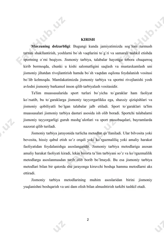 rkibi tashkil etadi. jismoniy yuklanish - deb jismoniy mashqlarni organizmga ta’sir etuvchi hamda sodir bo’ladigan ob’ektiv va sub’ektiv qiyinchiliklarni yengish darajasiga aytiladi. jismoniy yuklamaorganizmning ish potentsiali sarflanishi va charchash bilan bevosita bog’liq bo’lib charchash jismoniy yuklanishi bilan ifodalangan tiklanish jarayoni ro’y beradigan dam olish bilan bog’liqdir. shunday qilib, jismoniy yuklamacharchash orqali ish qobiliyatini tiklash va oshirishga olib keladi. jismoniy yuklanishning samaradorligi uning hajmiga va shiddatiga ko’p proportsional. jismoniy yuklanishning hajmi deb ayrim mashqlarning ko’p vaqtli ta’sirchanligi shuningdek ma’lum bir vaqtda bajarilgan jismoniy ishlarning miqdoriy yig’indisiga aytiladi (ayrim mashg’ulot yoki uning bir qismi davomida, bir hafta va h.k.). jismoniy yuklanishning shiddati uning har bir momentdagi ta’sir kuchi, funktsiya kuchlanganligi, ta’sirning bir vaqtdagi qiymati bilan xarakterlanadi. shiddat ko’rsatkichlari: harakatni tezligi, ishlarning quvvati, qarshiliklar og’irligi, shuningdek mashqlar bajarilishini tezligi va h.k. jismoniy yuklanishning hajmi va shiddati ko’rsatkichlari orasida teskari proportsional munosabat mavjud. bundan shu narsa kelib chiqadiki ba’zi mashqlarni shidati qancha yuqori bo’lsa …