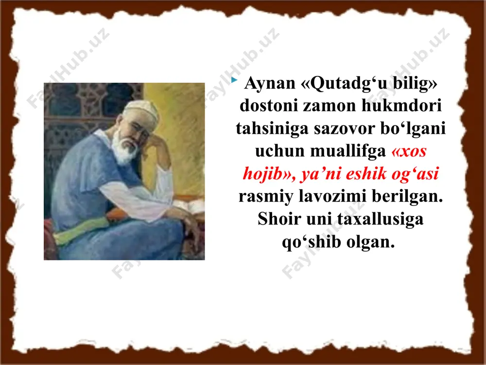 irgan. doston nomining ma’nosi dostonda to‘rt asosiy qahramon bor: kuntug‘di (chiqqan quyosh) - elig, ya’ni hukmdor. u adolat ramzi bo‘lib kelgan; oyto‘ldi (to‘lgan oy) - vazir. u baxt va davlat ramzi hisoblanadi; o‘gdulmish aqlga to‘lgan)- vazirning o‘g‘li. u aql va zakovat ramzi yanglig‘ tasvirlangan; o‘zg‘urmish (uyg‘ongan) - vazirning qarindoshi. u asarda qanoat, ofiyat, ya’ni sog‘lomlik ramzi sifatida qalamga olingan. dostonning asosiy qahramonlari elig kuntug'dining adolati haqidagi gaplar butun dunyoga taraladi. har tomondan uning huzuriga odamlar kela boshlaydilar. shular qatorida ko'p mashaqqatlar chekib oyto'ldi nomli oqil va mard kishi ham keladi. kuntug'di uni har tomonlama sinab ko'rib, adolati va sadoqatiga ishonch hosil qilgach, o'ziga vazir qilib oladi. yurtda nizom va qoida ustuvor bo'lib, shu darajada adolat qaror topadiki, xazina oltinga to’lib, qo'zi bo'ri bilan yonma-yon omonlikda yashay boshlaydi. lekin kunlardan bir kun oyto'ldi xastalanib vafot etadi. o'limi oldidan o'g'li o'gdulmishga kuntug'di xizmatiga borishini vasiyat qiladi. o'g'li ulg'ayib, kamolga yetgach, podsho huzuriga …