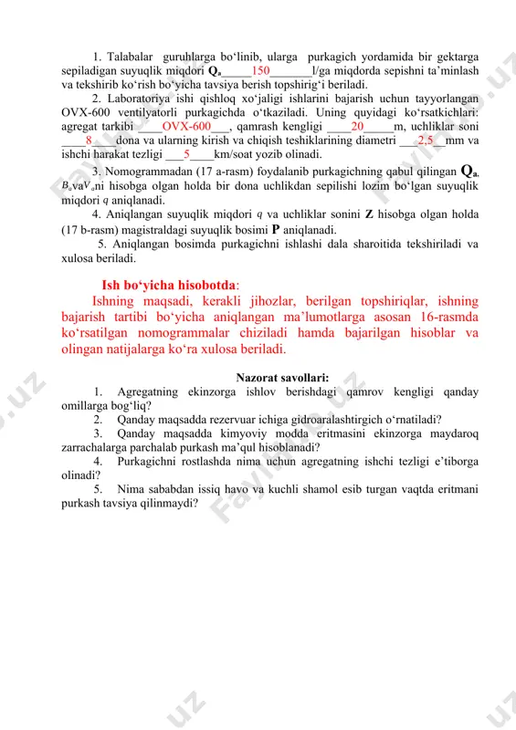 qamrov kengligi qanday omillarga bog‘liq? 2. qanday maqsadda rezervuar ichiga gidroaralashtirgich o‘rnatiladi? 3. qanday maqsadda kimyoviy modda eritmasini ekinzorga maydaroq zarrachalarga parchalab purkash ma’qul hisoblanadi? 4. purkagichni rostlashda nima uchun agregatning ishchi tezligi e’tiborga olinadi? 5. nima sababdan issiq havo va kuchli shamol esib turgan vaqtda eritmani purkash tavsiya qilinmaydi? oleobject2.bin image5.png image6.png image1.png image2.png image3.png image4.wmf u u u o q b v q t 10000 =