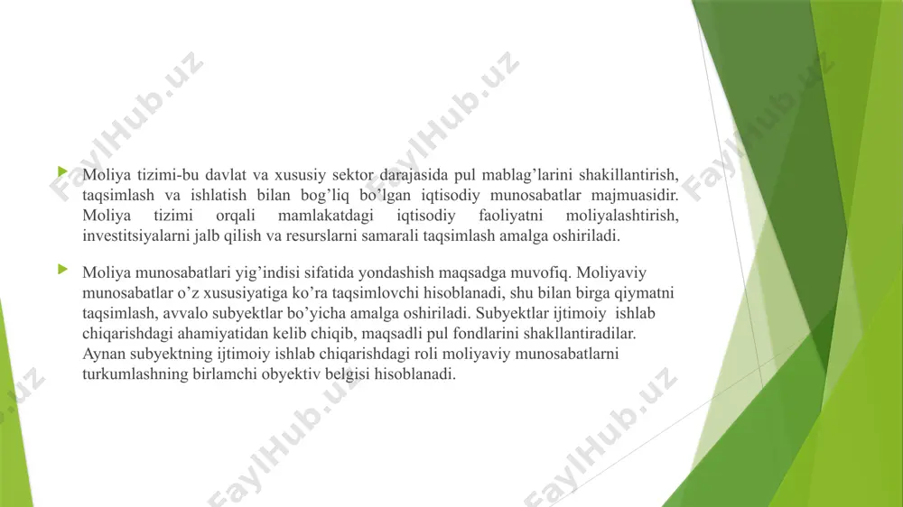 da ikkinchi tomondan moliya organlarining yig’indisi sifatida olib qaraladi. moliyaning mohiyatida kelib chiqib, moliya tizimini o’rganishda uni uchta yirik sohalar ajratilishi mumkin: -korxonalar, tashkilotlar va muassasalar moliyasi; -sug’urta; -davlat moliyasi; har bir sanab o’tilgan soha ichida bo’g’inlar ajaladi, shu bilan birga moliyaviy munosabatlarni guruhlashtirish subyekt faoliyatining maqsadli ul fondlari tarkibi va yo’nalishiga hal qiluvchi ta’sir ko’rsatuvchi xarakteridan kelib chiqib amalga oshiriladi. mazkur belgi korxonalar, tashkilotlar va muassasalar moliyasi sohasida tijorat asosida faoliyat ko’rsatuvchi korxonalar moliyasi, notijorat faoliyat bilan shug’ullanuvchi tashkilotlar va muassasalar moliyasi sohasida tijorat asosida faoliyat ko’rsatuvchi korxonalar moliyasi, notijorat faoliayt bilan shug’ullanuvchi tashkilotlar va muassasalar moliyasi kabi bo’g’inlarni hosil qilish imkoniyatini beradi. yagona moliya tizimining asosi korxonalar moliyasi hisoblanadi. chunki ular moddiy ishlab chiqarish jarayonida bevosita ishtirok etadilar. markazlashgan davlat fondlarining manbai moddiy ishlab chiqarish sohasida yaratilayotgan milliy daromat hisoblanadi. umum davlat moliyasi xalq xo’jaligining barcha tarmoqlari rivojlanishinig ma’lum suratlarini ta’minlashda moliyaviy resurslarni iqtisodiyot tarmoqlari va mamlakat hududlari …
