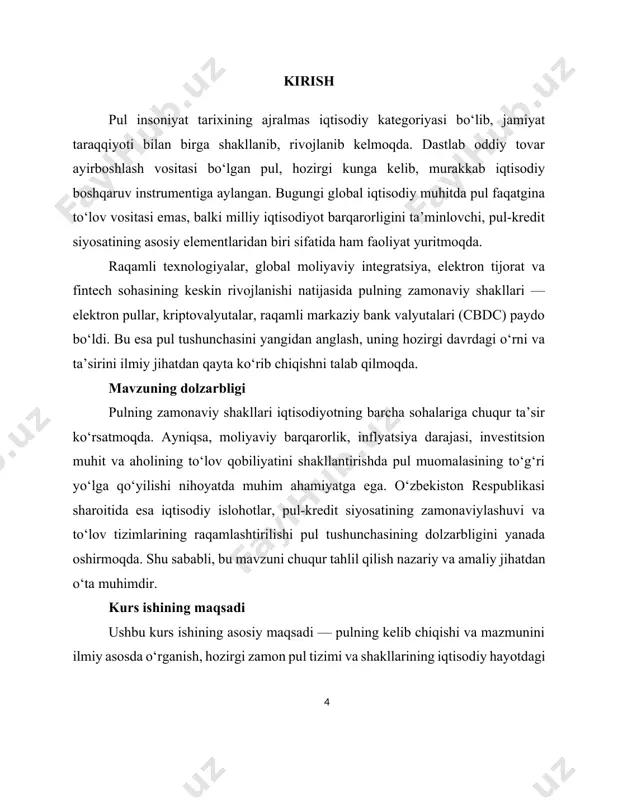 at tomonidan tan olingan ijtimoiy institut, va u o‘z kuchini shu ishonchdan oladi pul quyidagi asosiy funksiyalarni bajaradi: 1. qiymat o‘lchovi – pul barcha tovarlar va xizmatlarning qiymatini aniqlash imkonini beradi. bu funksiyada pul hisob birligi sifatida xizmat qiladi. tovarlar o‘zaro pul orqali baholanadi, bu esa narxlarni shakllantirishga xizmat qiladi. 2. muomala vositasi – tovarlar va xizmatlar sotib olish jarayonida bevosita vosita sifatida ishtirok etadi. bu funktsiyada pul doimiy harakatda bo‘ladi. 3. to‘lov vositasi – qarzlarni so‘ndirish, soliqlarni to‘lash, ish haqi berish va boshqa turli to‘lovlarni amalga oshirishda ishlatiladi. bu yerda tovar bilan pul o‘rtasidagi almashinuv vaqt bo‘yicha ajratilgan bo‘ladi. 4. jamg‘arma vositasi (boylik shakli) – pul vaqtincha ishlatilmasligi mumkin bo‘lgan qiymatni saqlovchi vosita bo‘lib xizmat qiladi. 5. dunyo puli – pul xalqaro savdoda hisob-kitob qilish va rezerv vositasi sifatida ishlatiladi. shuningdek, pulning turlari ham tarix davomida o‘zgarib borgan. quyidagilar asosiy turlaridir: tovar pullar (oltin, kumush, tuz, chigit va boshqalar) …