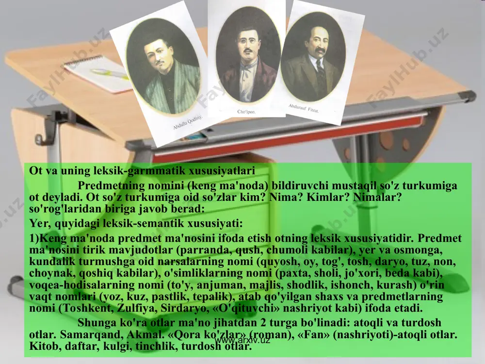 -payt kelishigi-kitobda, chiqish kelishigi-kitobdan. (zulfiyaning kitobi, kitobni sevadi) kabi. www.arxiv.uz www.arxiv.uz 4) ot so'z yasalish xususiyatlariga ega. ot va so'z turkumi faol so'z yasalish usullari morfologik, sintaktik; shuningdek faqat ot so'z turkumini yasaydigan abbrevasiya usuli bilan yasaladi: xizmatchi, kulgi, taroq, gulzor, quvonch (morfologik usul bilan); belbog', ko'zoynak, baxt-saodat, ota-ona (sintaktik usul); dan, toshdpu (abbreviasiya usuli bilan) 4)otlarda modal forma yasalishi ham mavjud. otlarda modal ma'no otning leksik ma'nosiga kichraytirish, erkalash, hurmat, kuchaytirish, gumon, noaniqlik, kesatiq kabi qo'shimcha ma'nolarni qo'shish bilan hosil qilinadi: qizcha, qo'zichoq, bo'taloq, bolagina, karimjon, ra'noxon, un-pun, non-pon kabi. www.arxiv.uz www.arxiv.uz ot quyidagi sintaktik xussuiyatlarga ega: 1)ot ot bilan bog'lanadi. bosh va qaratgich kelishigidagi otlar ana shunday xususiyatga ega: 2)ot fe'l bilan bog'lanadi. tushum, jo'nalish, o'rin-payt, chiqish kelishigidagi otlar fe'l bilan bog'lanadi: xatni o'qidi, xatga qaradi, xatda yozilgan kabi; 3)ot ba'zan sifat, ravish, son, olmosh, undovga ham bog'lanadi: osmon tiniq, uylar ko'p, maqsadim shu kabi 4)bosh kelishik shaklidagi …