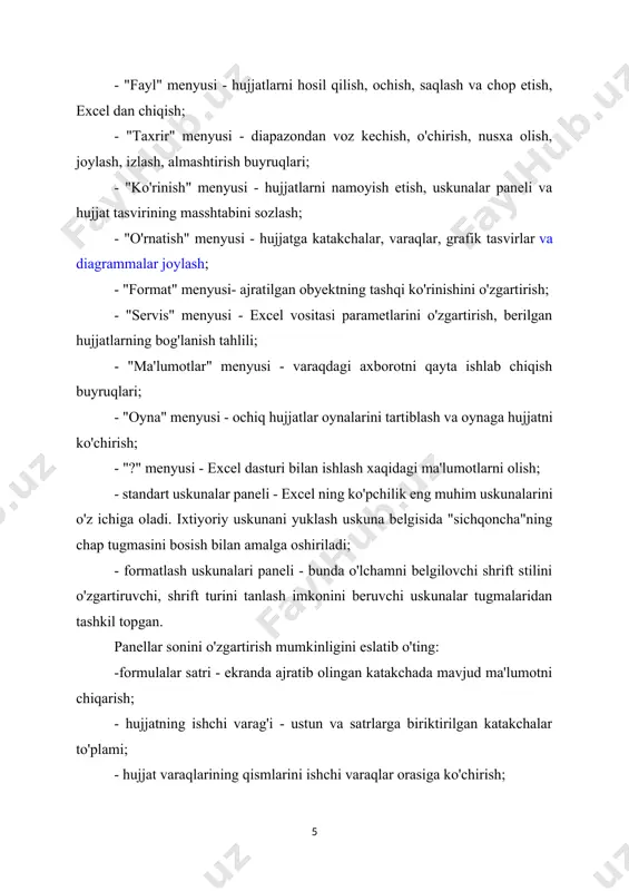 ni bosish kerak. ishchi kitobni yozish - fayl menyusidan yopish buyrug'i (ctrl+f4). agar bir necha ishchi kitob ochilgan bo'lsa, u holda fayl menyusida hammasini yopish buyrug'i bosiladi. ishchi kitob varaqlardan iboratdir. ishchi kitob 1 dan 255 gacha bo'lgan miqdordagi varaqlardan tashkil topishi mumkin. yangi ishchi kitobi ochilganda, 1 varaq, 2 varaq, ... deb nomlanuvchi 16 varaq bo'ladi. ishchi kitobi tarkibida varaqlarning quyidagi asosiy ko'rinishlari bo'lishi mumkin: a) ishchi varaq; b) diagramma varag'i; v) visual basic tipidagi modul varag'i; g) dialoglar varag'i. varaqlar nomlari ishchi kitobi oynasining pastki qismida darchada chiqadi. varaqdan varaqqa ko'chirish - "sichqoncha" kursorini kerakli varaq nomiga keltirib, chap tugmasini bosish bilan bajariladi. faol varaqning yorlig'ida varaq nomi yarim qalin shrift bilan ajratilgan. 3. ishchi varaqlar bilan ishlash uslublari: a) 1.varaqni joylash "joylash" menyusida ishchi varaq buyrug'i. 2. shiftqf1 tugmalari. b) 1.varaqni o'chirish- birinchi varaq yoki varaqlarni tanlash, o'chiriladigan varaq ustiga shiftq, agar qo'shni emas varaqlar bo'lsa, o'chiriladigan …