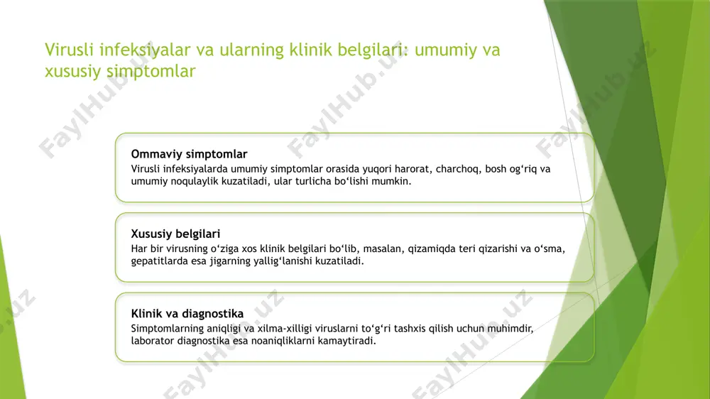 sirlar viruslar tabiat muvozanatiga ta'sir qilishi mumkin, mahalliy hayvon va o'simlik ekosistemasiga zarar yetkazadi, shuningdek, yangi yuqumli kasalliklar paydo bo'lishi mumkin. 3 ijtimoiy oqibatlar virusli kasalliklar jamiyatda qo'rquv, izolyatsiya va iqtisodiy pasayishga olib keladi, bu esa umumiy rivojlanishga salbiy ta'sir ko'rsatadi. 4 xalqaro hamkorlik viruslarni nazorat qilish uchun xalqaro hamkorlik va sog'liqni saqlash tashkilotlari muhim bo'lib, epidemicalarning kengayishini oldini olishda rol o'ynaydi. xulosa virusli infeksiyalarning asosiy xususiyatlari virusli infeksiyalar dunyo bo'ylab keng tarqaladi, klinik belgilari va diagnostik usullari ularning tez va aniq tashxis qilish uchun muhim ahamiyatga ega. diagnostika va epidemiologik muhimlik laboratoriya va klinik tekshiruvlar viruslarni aniqlashda muhim rol o'ynaydi, zamonaviy texnologiyalar yordamida profilaktika va nazorat qilish imkoniyatlari kengayadi. global muammo va xalqaro hamkorlik virusli infeksiyalar pandemiya va epidemiyalar shaklida global xavf tug'diradi, shuning uchun xalqaro hamkorlik, tezkor diagnostika va profilaktika choralari zarur. foydalanilgan adabiyotlar 1. o‘zbekiston respublikasi sog‘liqni saqlash vazirligi. virusli infeksiyalar va ularning klinik belgilari. tibbiyot nashriyoti, …