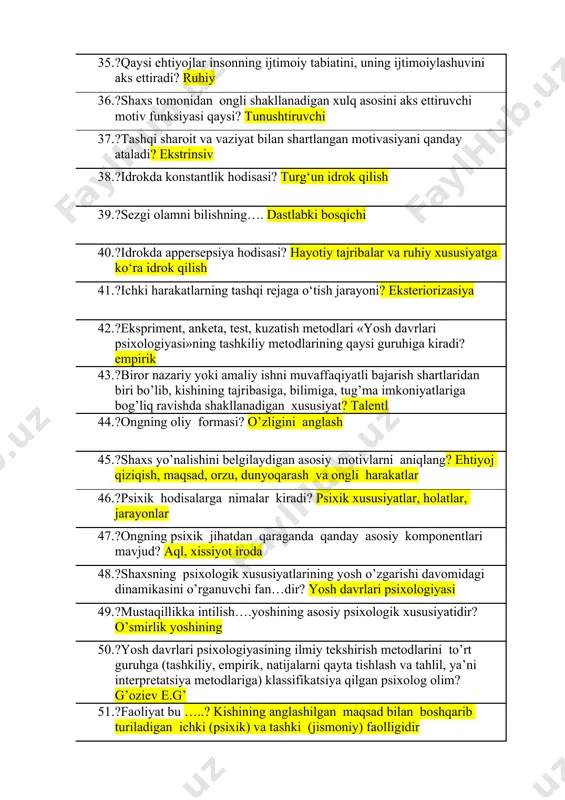 fikr va mulohazalarini baham ko‘radigan, simpatiyaga moyil bo‘lgan tip qaysi? sangivinik 35. ?qaysi ehtiyojlar insonning ijtimoiy tabiatini, uning ijtimoiylashuvini aks ettiradi? ruhiy 36. ?shaxs tomonidan ongli shakllanadigan xulq asosini aks ettiruvchi motiv funksiyasi qaysi? tunushtiruvchi 37. ?tashqi sharoit va vaziyat bilan shartlangan motivasiyani qanday ataladi? ekstrinsiv 38. ?idrokda konstantlik hodisasi? turg‘un idrok qilish 39. ?sezgi olamni bilishning…. dastlabki bosqichi 40. ?idrokda appersepsiya hodisasi? hayotiy tajribalar va ruhiy xususiyatga ko‘ra idrok qilish 41. ?ichki harakatlarning tashqi rejaga o‘tish jarayoni? eksteriorizasiya 42. ?ekspriment, anketa, test, kuzatish metodlari «yosh davrlari psixologiyasi»ning tashkiliy metodlarining qaysi guruhiga kiradi? empirik 43. ?biror nazariy yoki amaliy ishni muvaffaqiyatli bajarish shartlaridan biri bo’lib, kishining tajribasiga, bilimiga, tug’ma imkoniyatlariga bog’liq ravishda shakllanadigan xususiyat? talentl 44. ?ongning oliy formasi? o’zligini anglash 45. ?shaxs yo’nalishini belgilaydigan asosiy motivlarni aniqlang? ehtiyoj qiziqish, maqsad, orzu, dunyoqarash va ongli harakatlar 46. ?psixik hodisalarga nimalar kiradi? psixik xususiyatlar, holatlar, jarayonlar 47. ?ongning psixik jihatdan qaraganda …